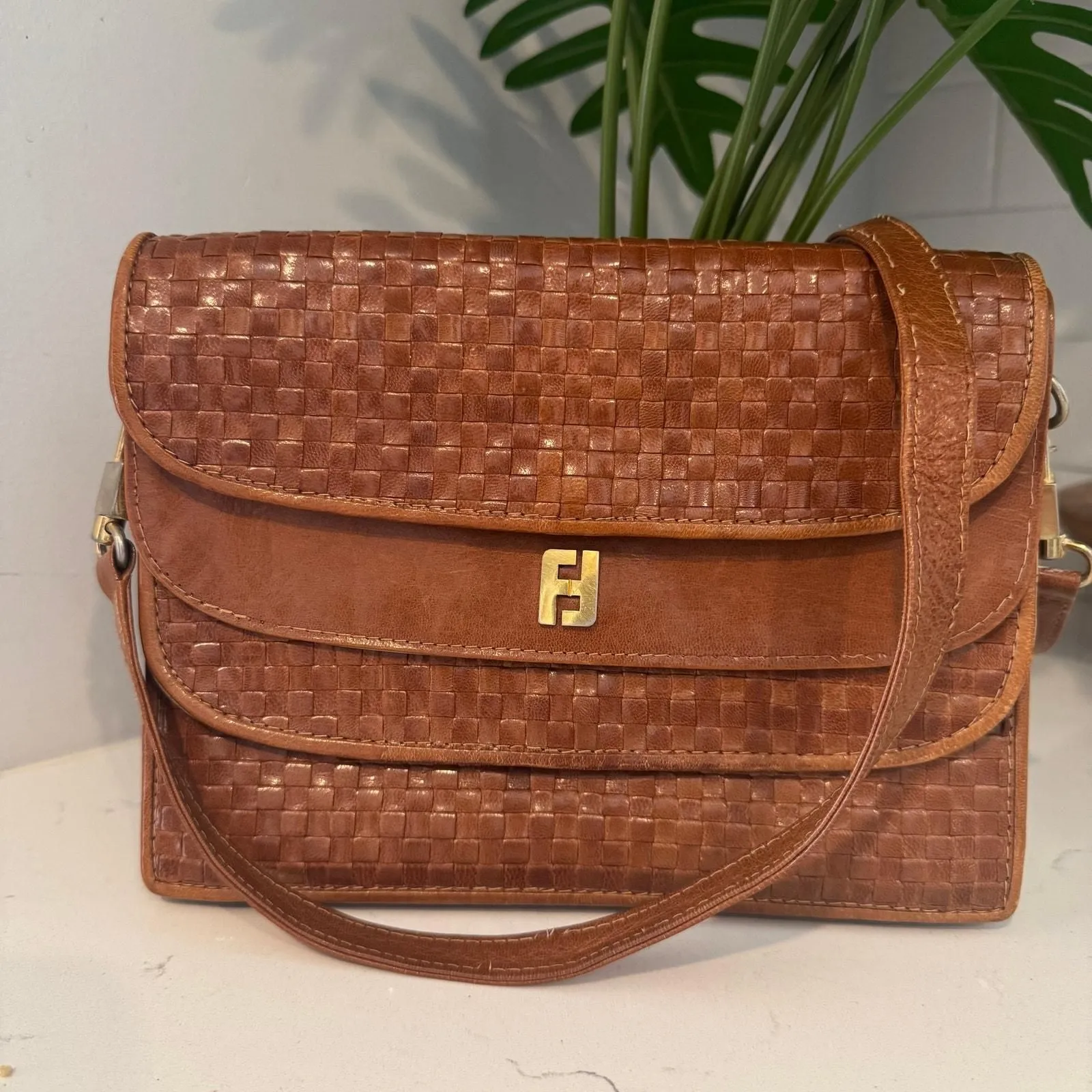 Product image for 404 Fendi Vintage Brown Cognac Woven Leather Triple Flap Shoulder Bag GHW