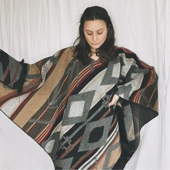 Product image for 1970s Southwestern Aztec Gray Wool Reversible Poncho Blanket Sweater