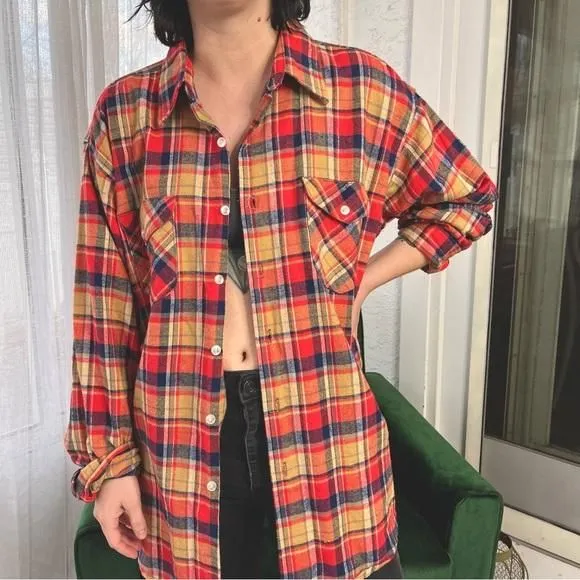Product image for 60s/70s OSHKOSH Union Made Plaid Flannel Red & Tan Unisex Shirt XL