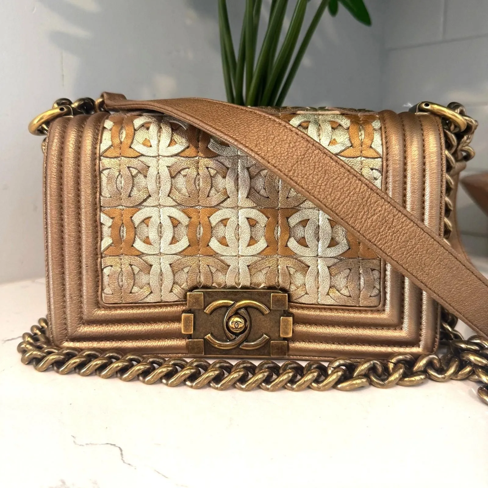 Product image for 200 Chanel Small CC Cutout Boy Bag Bronze Gold Metallic Series 20 Authentic CoA