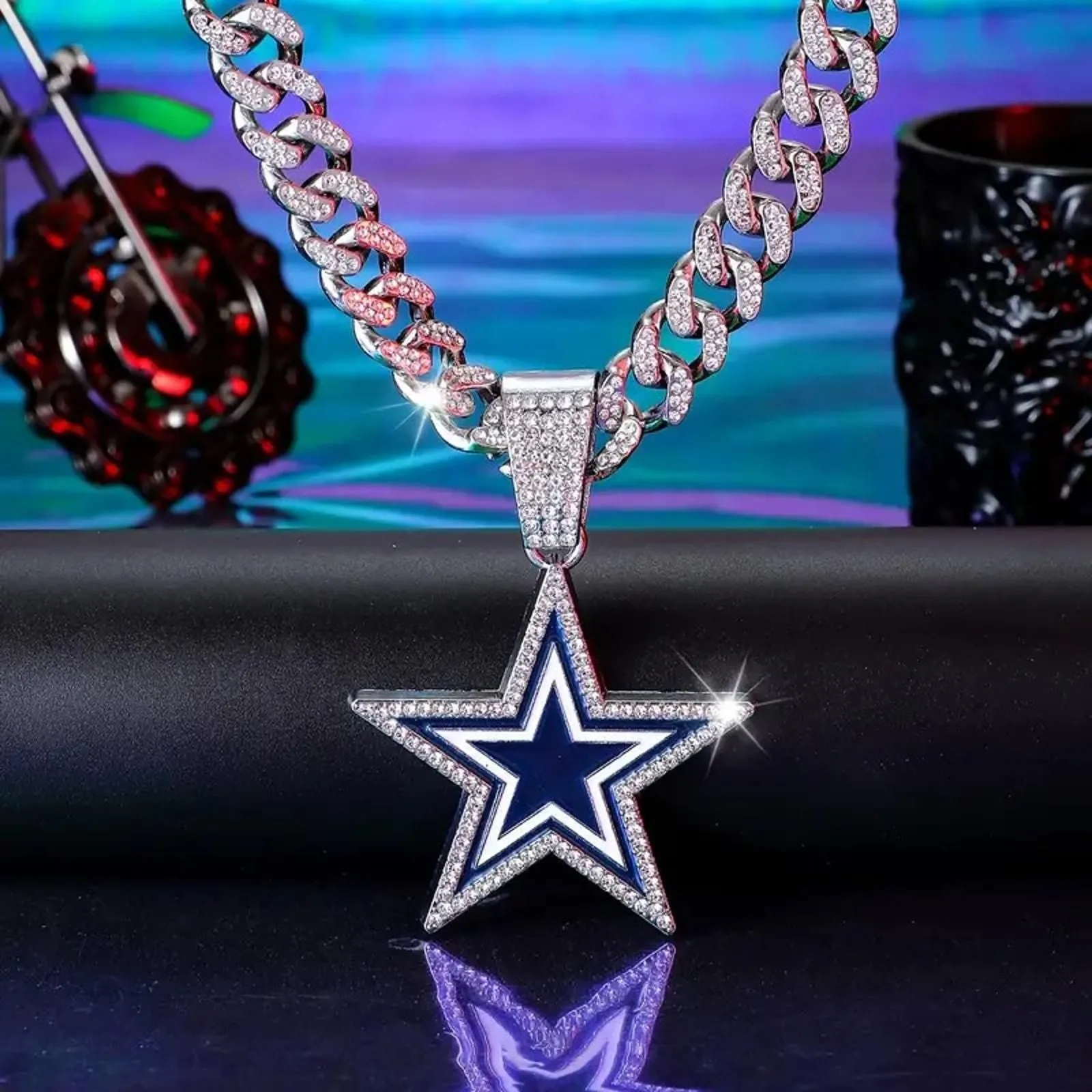 Product image for Necklace Iced Chain Dallas Cowboys with Star Silver & Blue Pendant - new