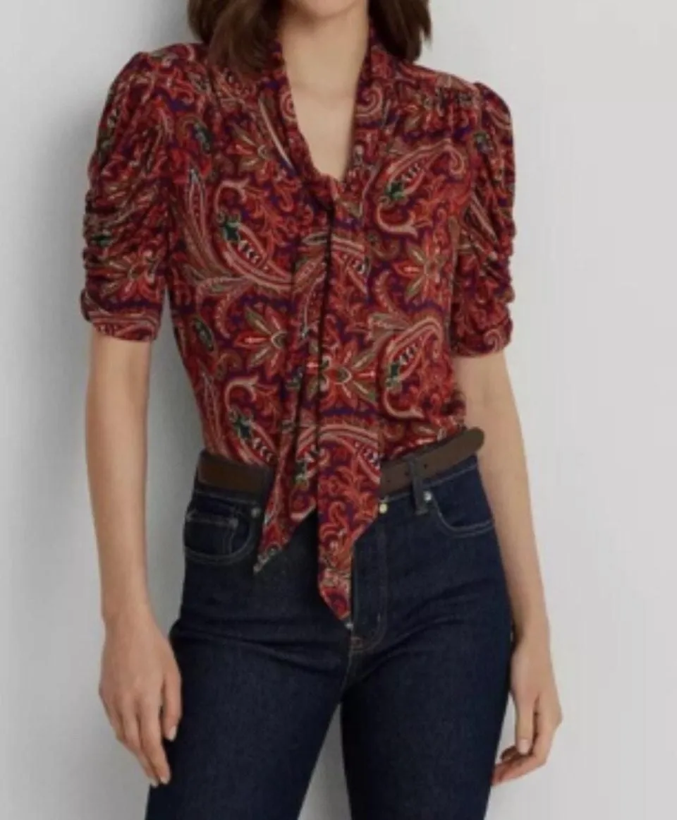 Product image for Lauren Ralph Lauren Womens Paisley Jersey Puff-Sleeve Tie-Neck Top Size 2X - 2X - Tops - pre-owned---excellent - Lauren Ralph Lauren