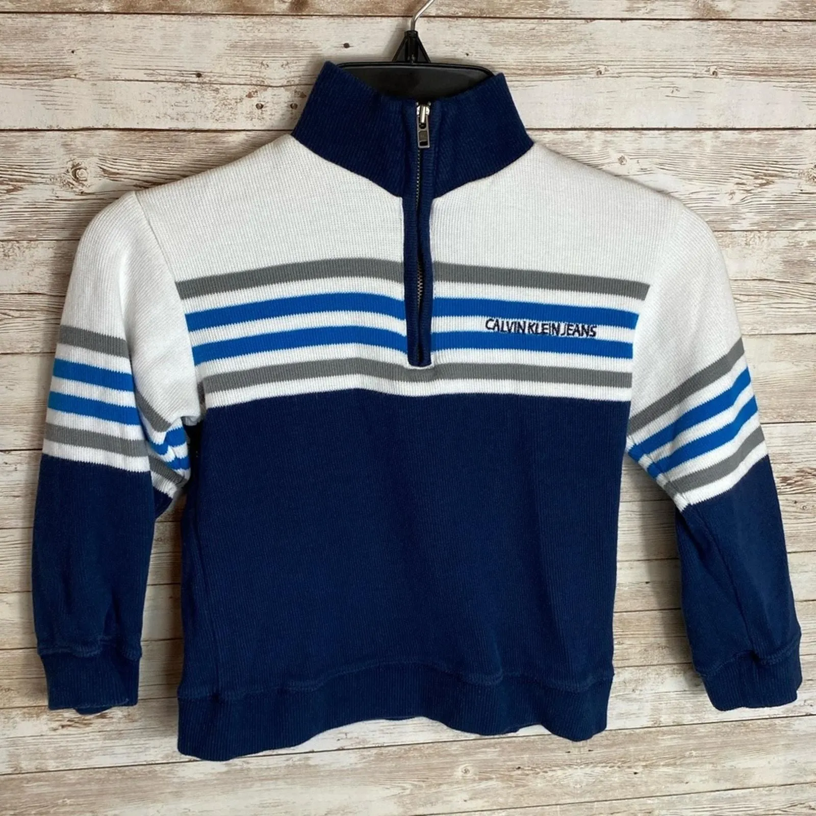 Product image for Calvin Klein Jeans Boys Blue/White/Grey Solid & Striped  Pullover Sweater 3T - Calvin Klein Jeans