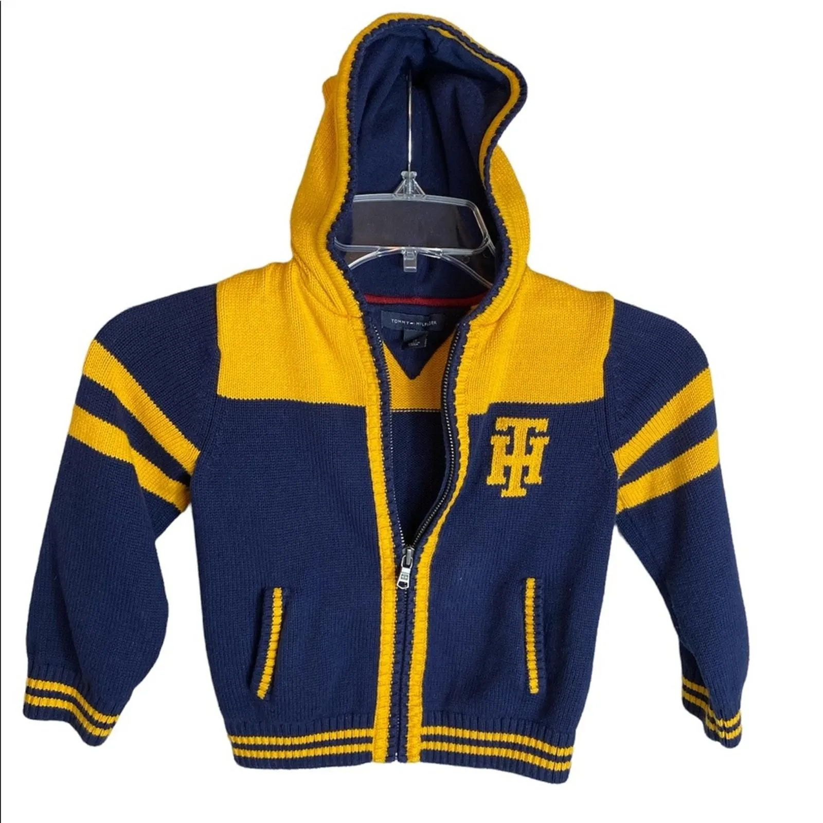 Product image for Tommy Hilfiger Boy’s Letterman Sweater Hoodie Full-Zip Blue/ Yellow 3T