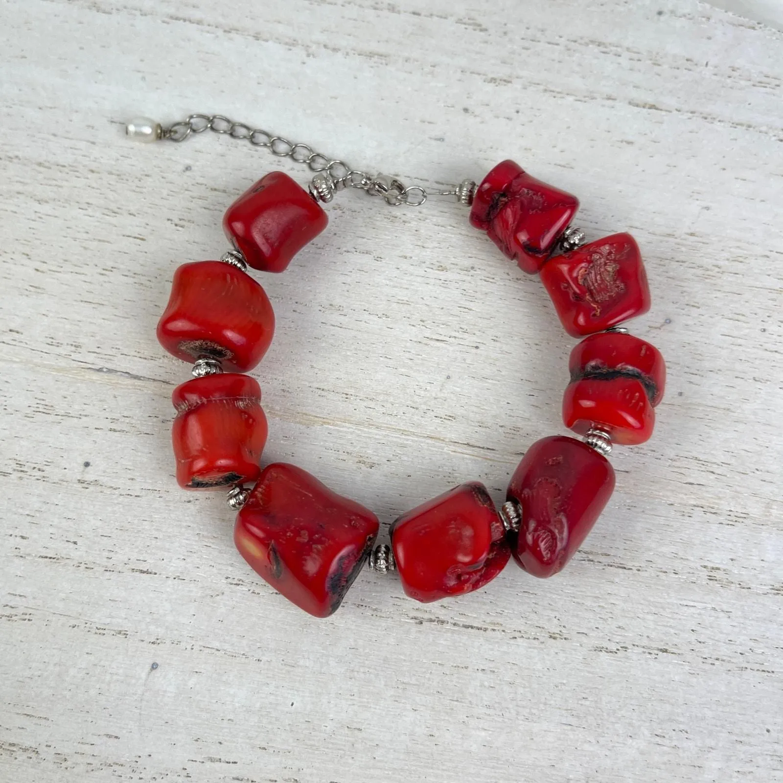 Product image for Vintage Y2K Chunky Natural Red Coral Bracelet Silver Tone Chain Pearl Bead Adjustable - 7.6 - 8 in - Bracelet - pre-owned---excellent
