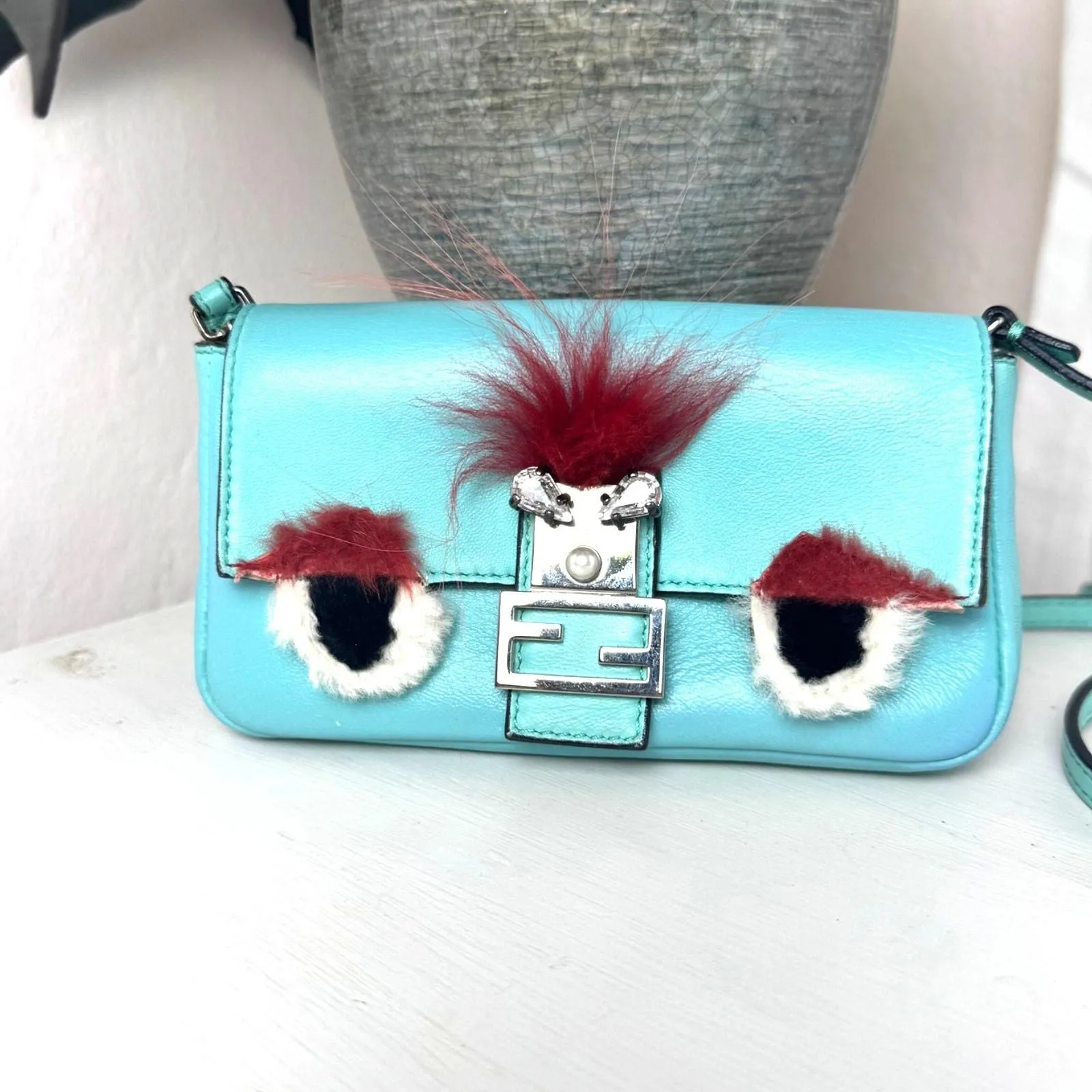 Product image for 402 Fendi Teal Monster Mini Baguette Evening Bag Blue Green SHW