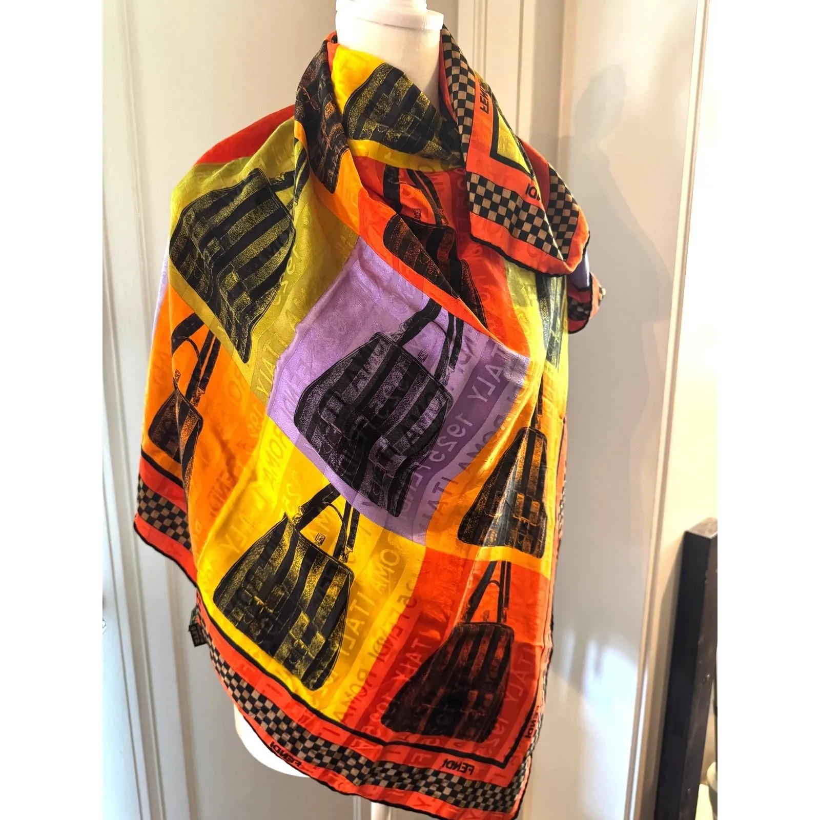 Product image for 439 Fendi Multicolor Bag Pattern Scarf Silk Chiffon