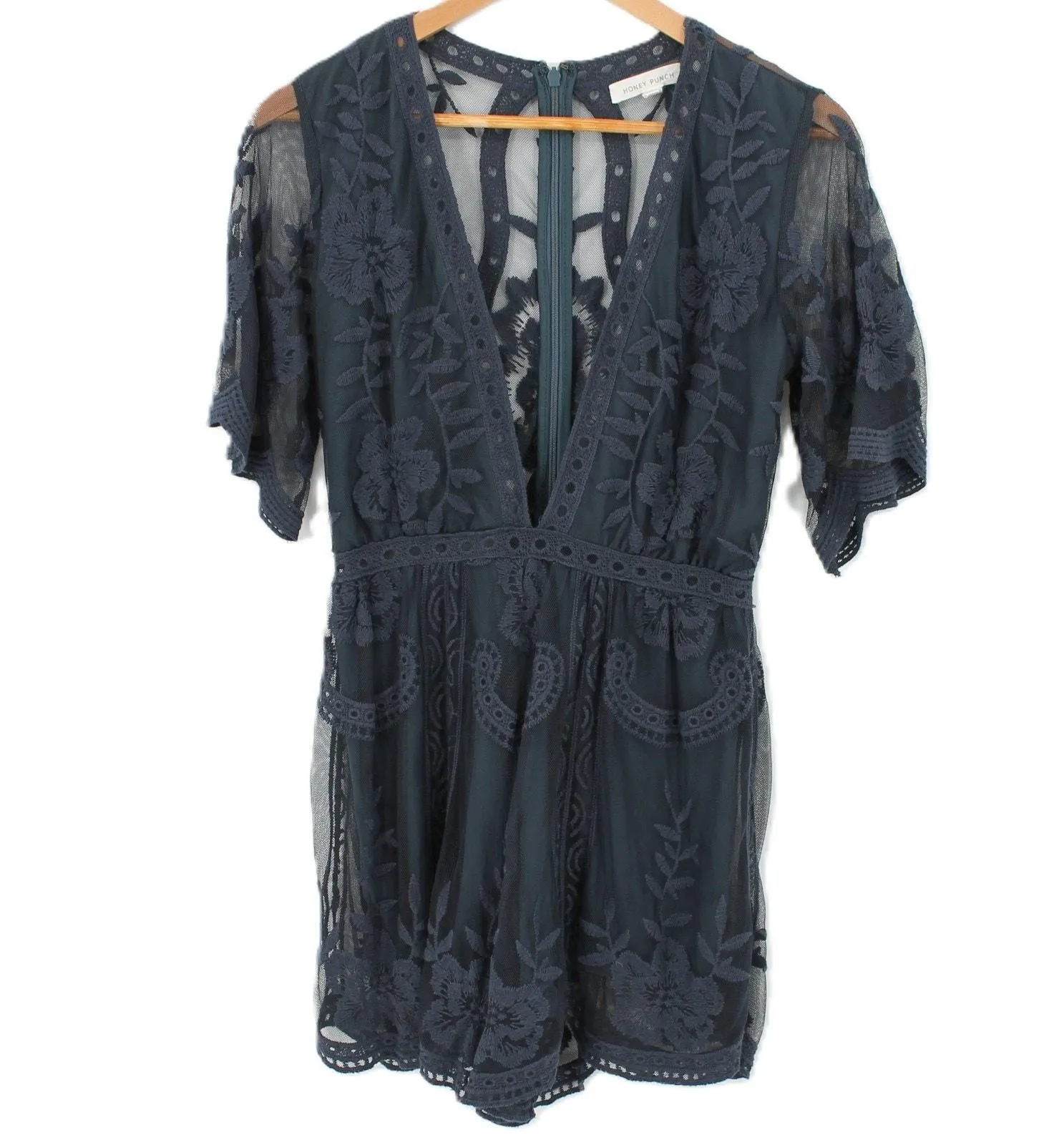 Product image for Honey Punch Navy Blue Sheer Mesh Lace Romper Fairy Grunge Ethereal Boho Size S - Honey Punch