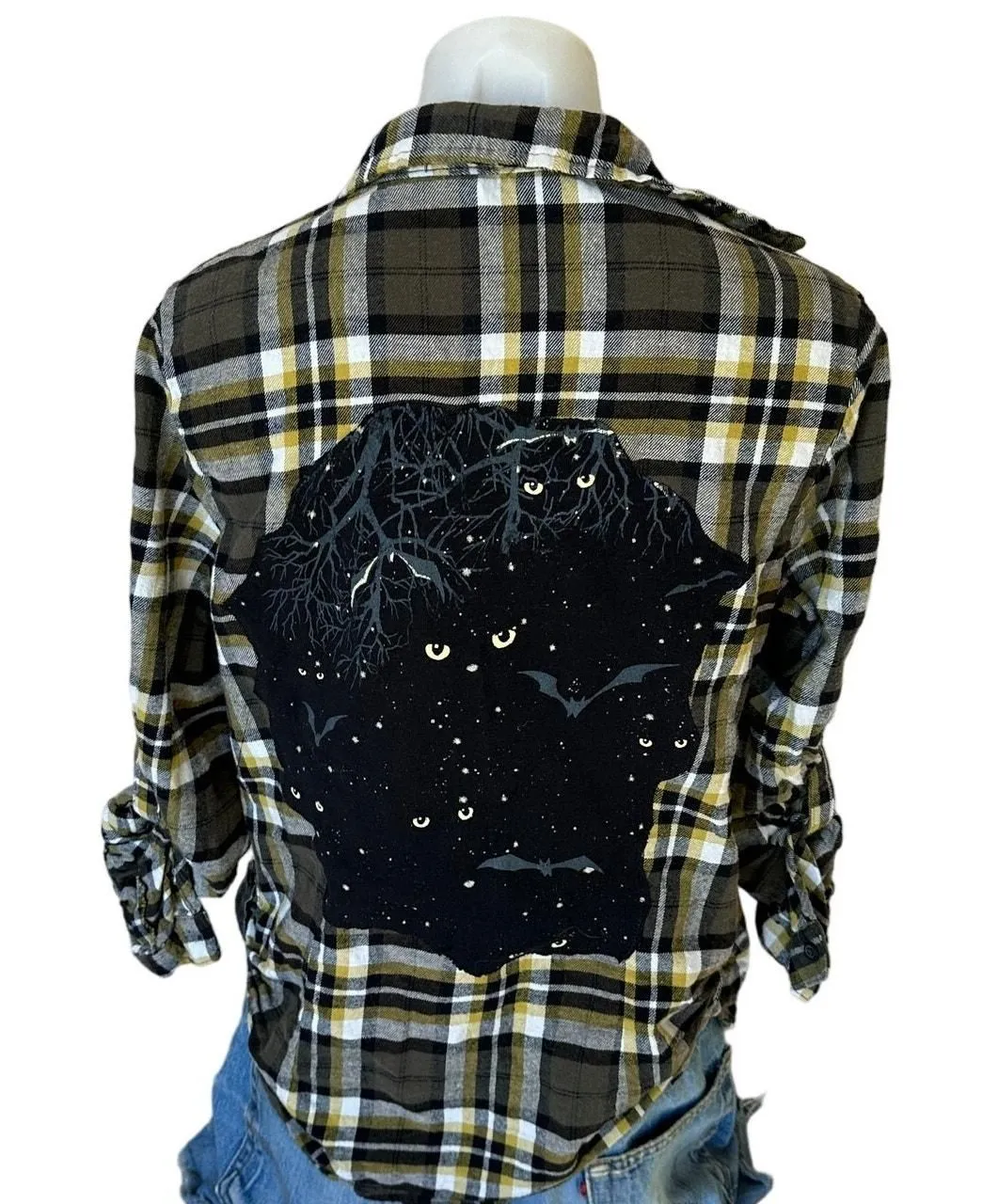 Product image for Halloween Black Cat Plaid Flannel Shirt XL Bats Shacket Upcycled Unique Witchy - Tops - XL - pre-owned---excellent - CheekyMontana