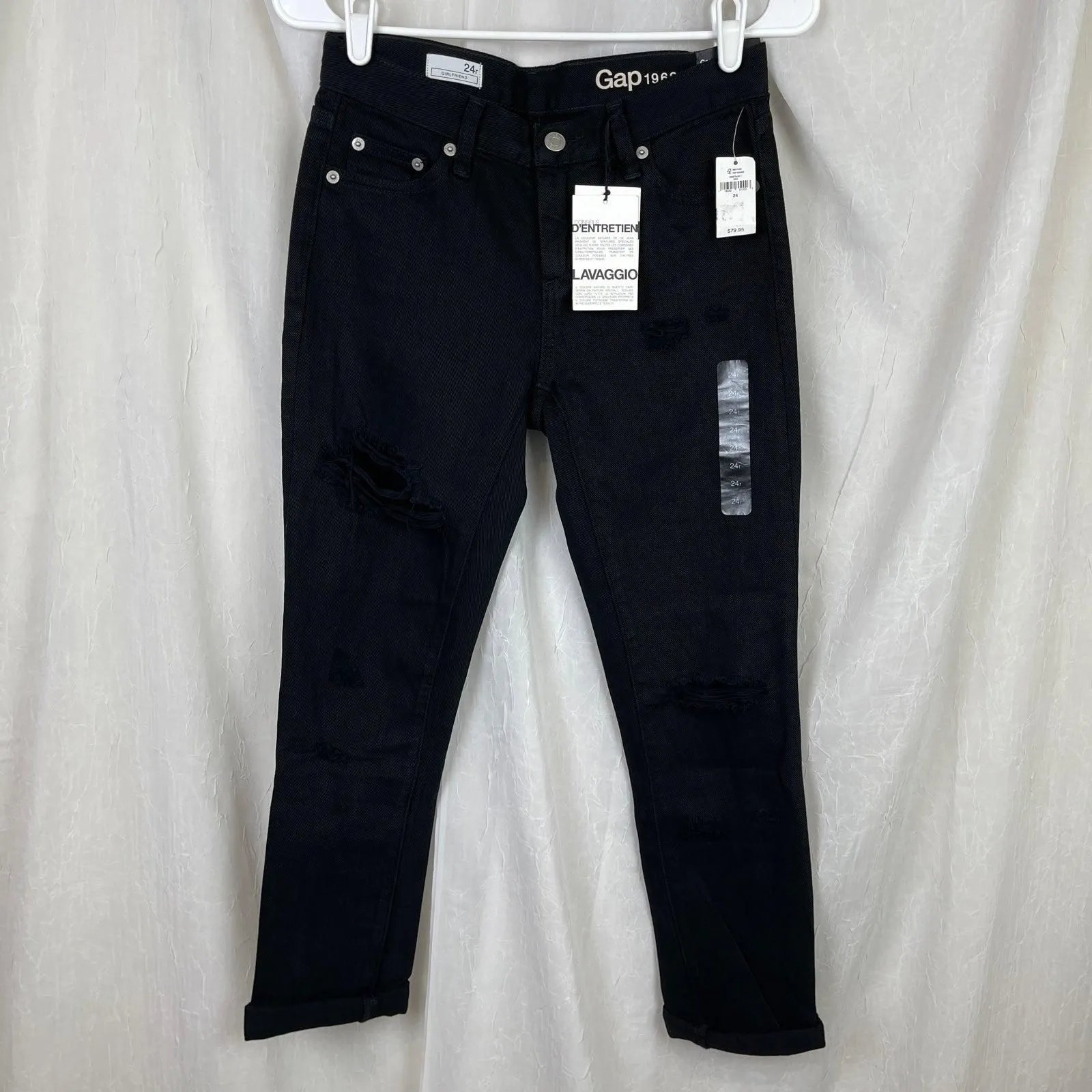 Product image for NWT Gap 1969 Black Ripped Girlfriend Denim Jeans Size 24r Distressed Rolled Cuff - new-with-tags - Gap