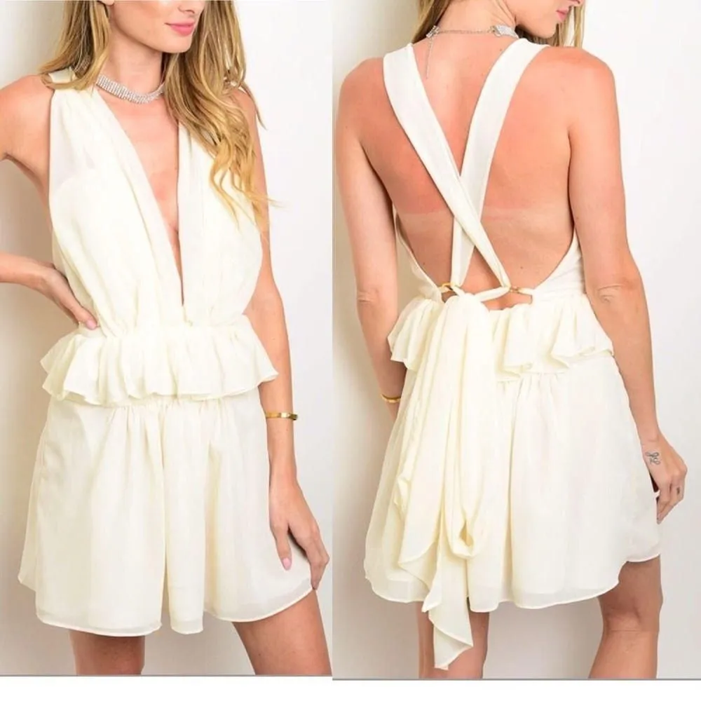 Product image for Luxxel Ivory Plunge V-Neckline Ruffle Lined Mini Dress Back Zip Size S Small - S - Dresses - new-without-tags - Luxxel