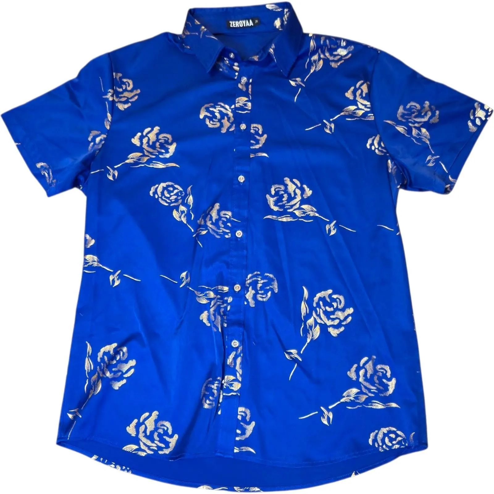 Product image for Zeroyaa XL Royal Blue Gold Floral Shirt Men’s Short Sleeve Party Button Down - Zeroyaa