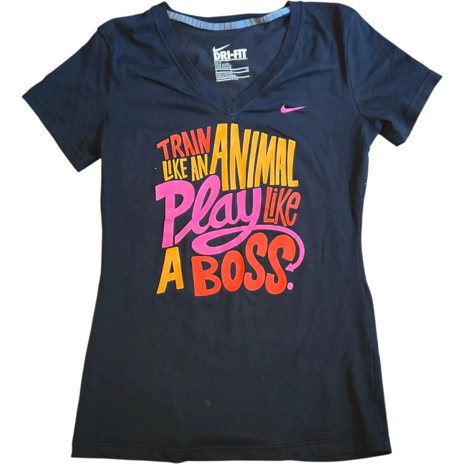 Product image for Nike Dri-FIT Slim Fit Tee Women's S Black V-Neck Train Like an Animal Boss - Nike