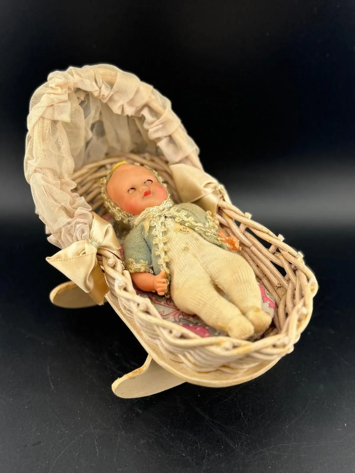 Product image for Antique Miniature Baby Doll in Cradle
