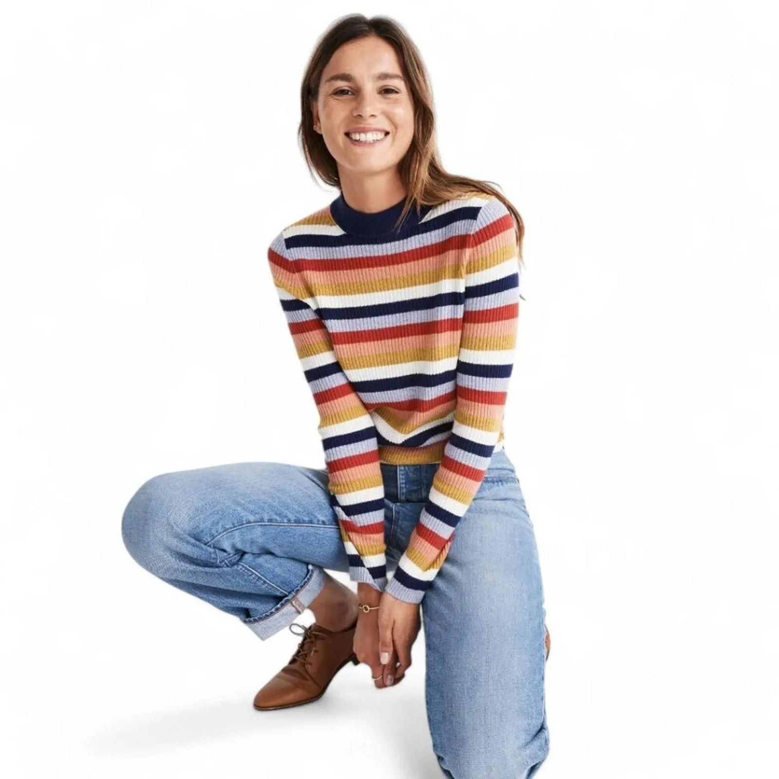 Product image for Madewell Mockneck Pullover Sweater Striped Ribbed Knit Wool Alpaca Blend Size S - new-without-tags - Madewell