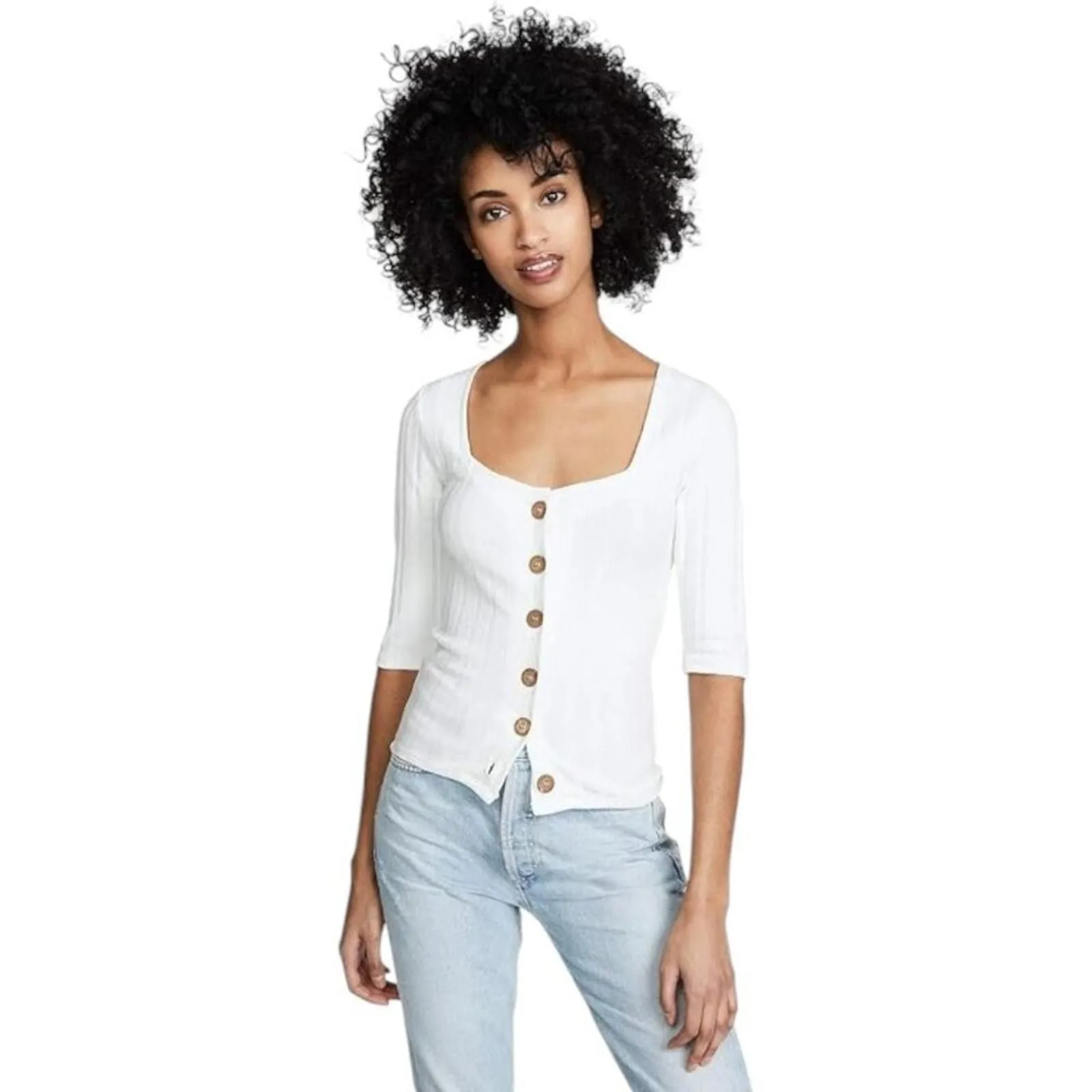 Product image for Free People Central Park Top Button Front Ribbed Knit Square Neck Size Large - new-without-tags - Free People