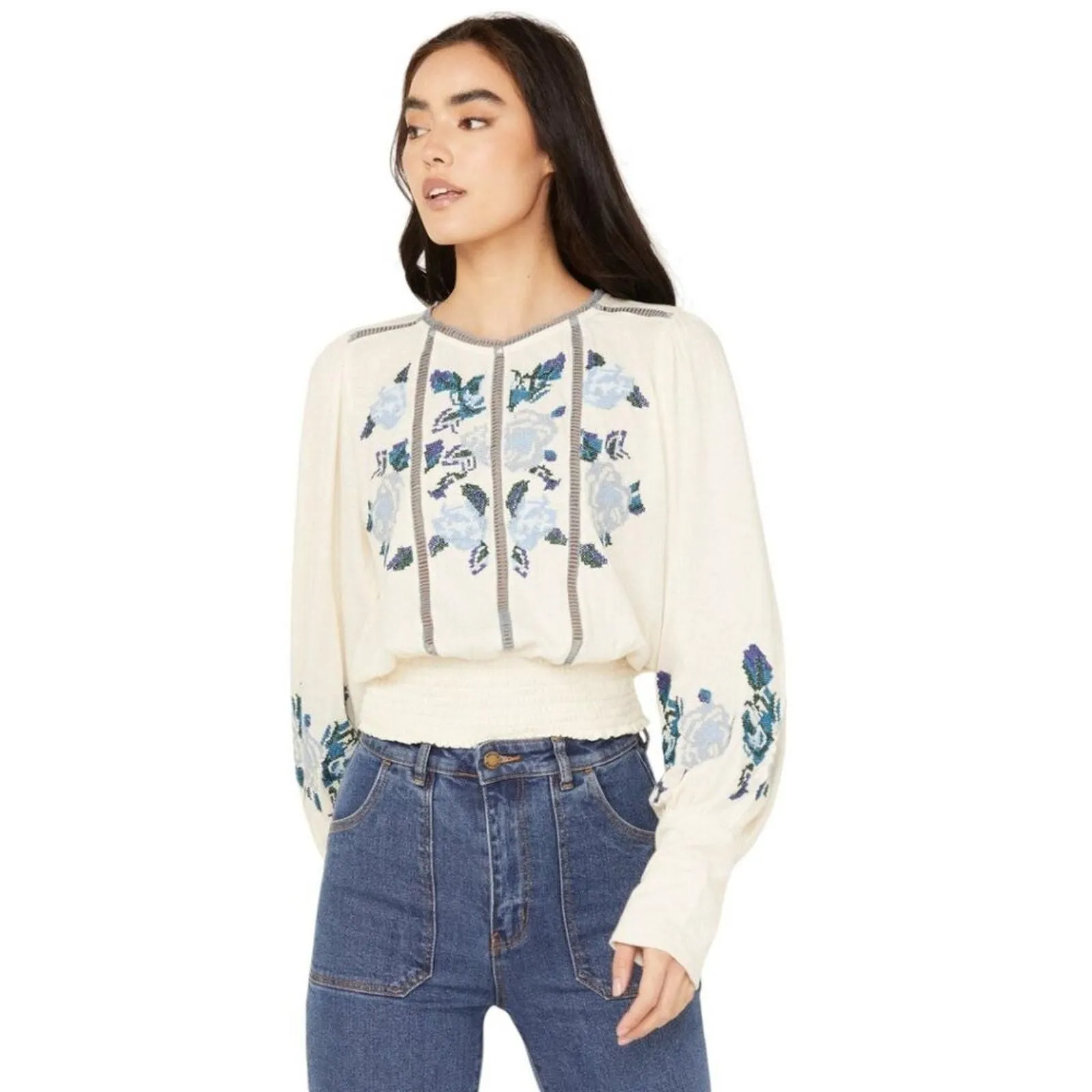 Product image for Free People Felicity Embroidered Peasant Top Long Sleeve Smocked Waist Sz XS - new-without-tags - Free People