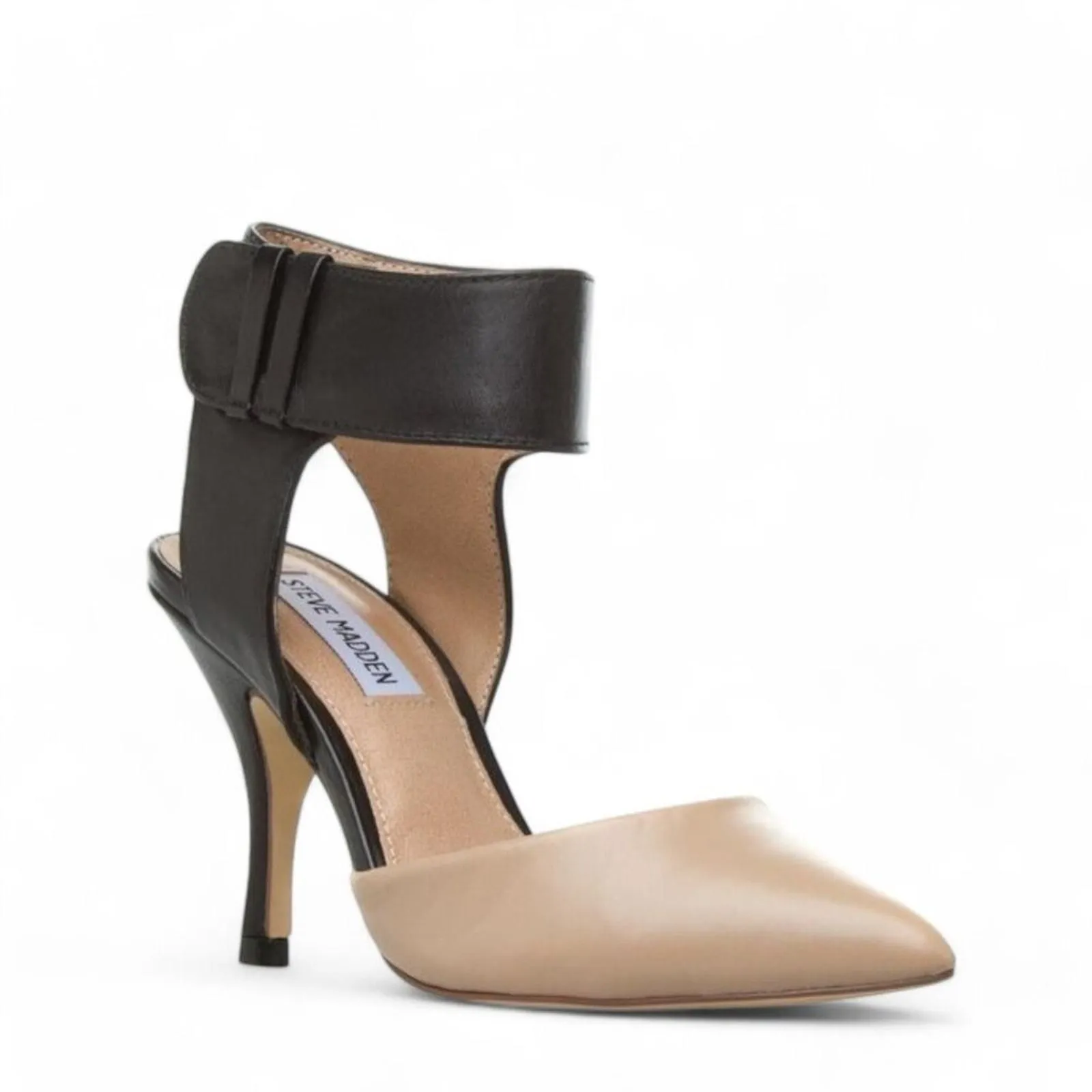 Product image for Steve Madden Swift Leather Pointed Toe Heels Black Tan Pumps Ankle Strap Size 6 - used - Steve Madden