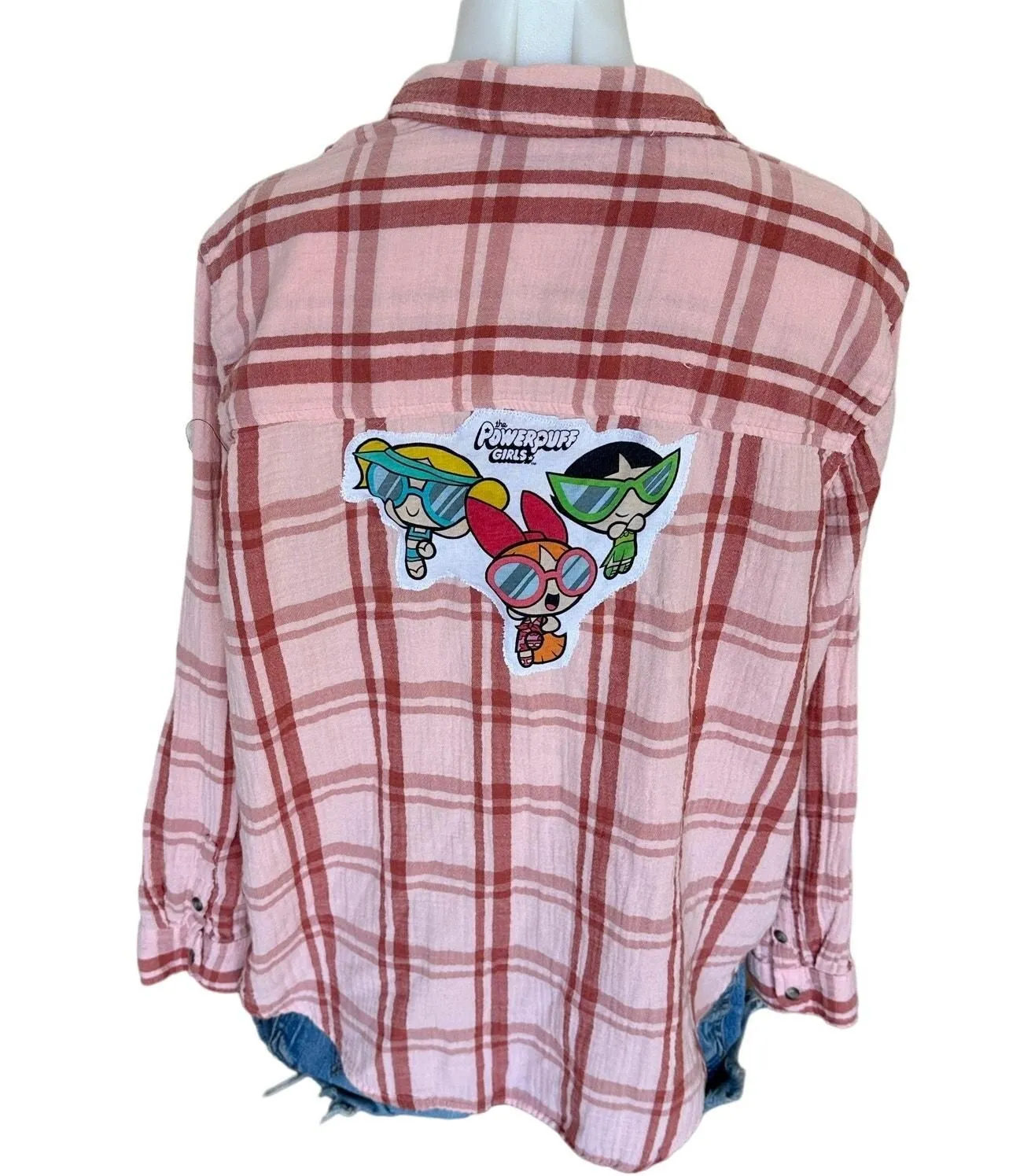 Product image for Powderpuff Plaid Gauze Shirt XXL Oversized Upcycle Unique Retro Y2Ks Shacket - pre-owned---excellent - CheekyMontana