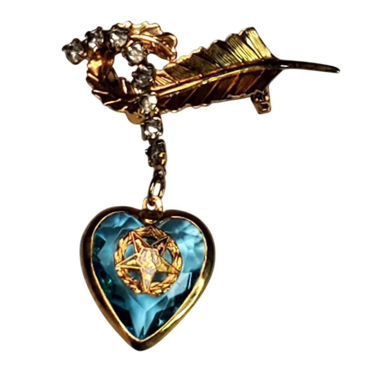 Product image for Vtg Order of the Eastern Star Brooch Rhinestone OES Dangle Heart Feather - Brooch - pre-owned---excellent