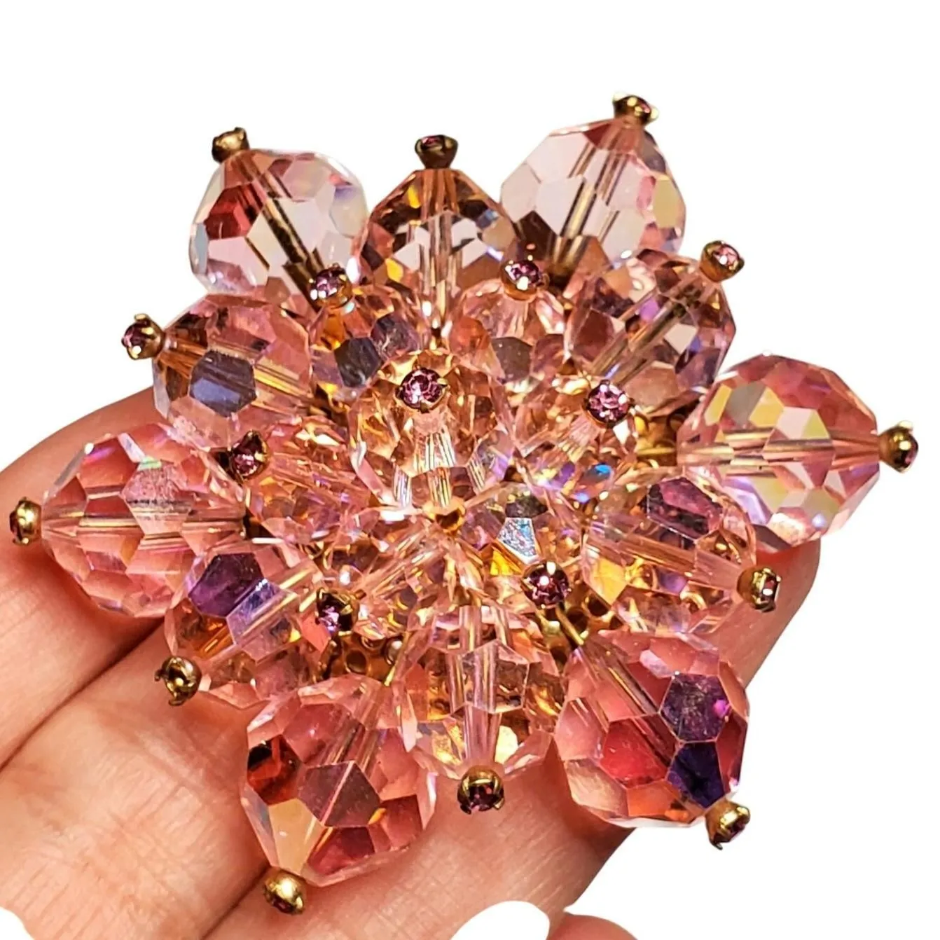 Product image for Vtg Austrian Crystal Aurora Borealis Flower Pink Cluster Gold Tone 2" Unsigned - Brooch - pre-owned---excellent