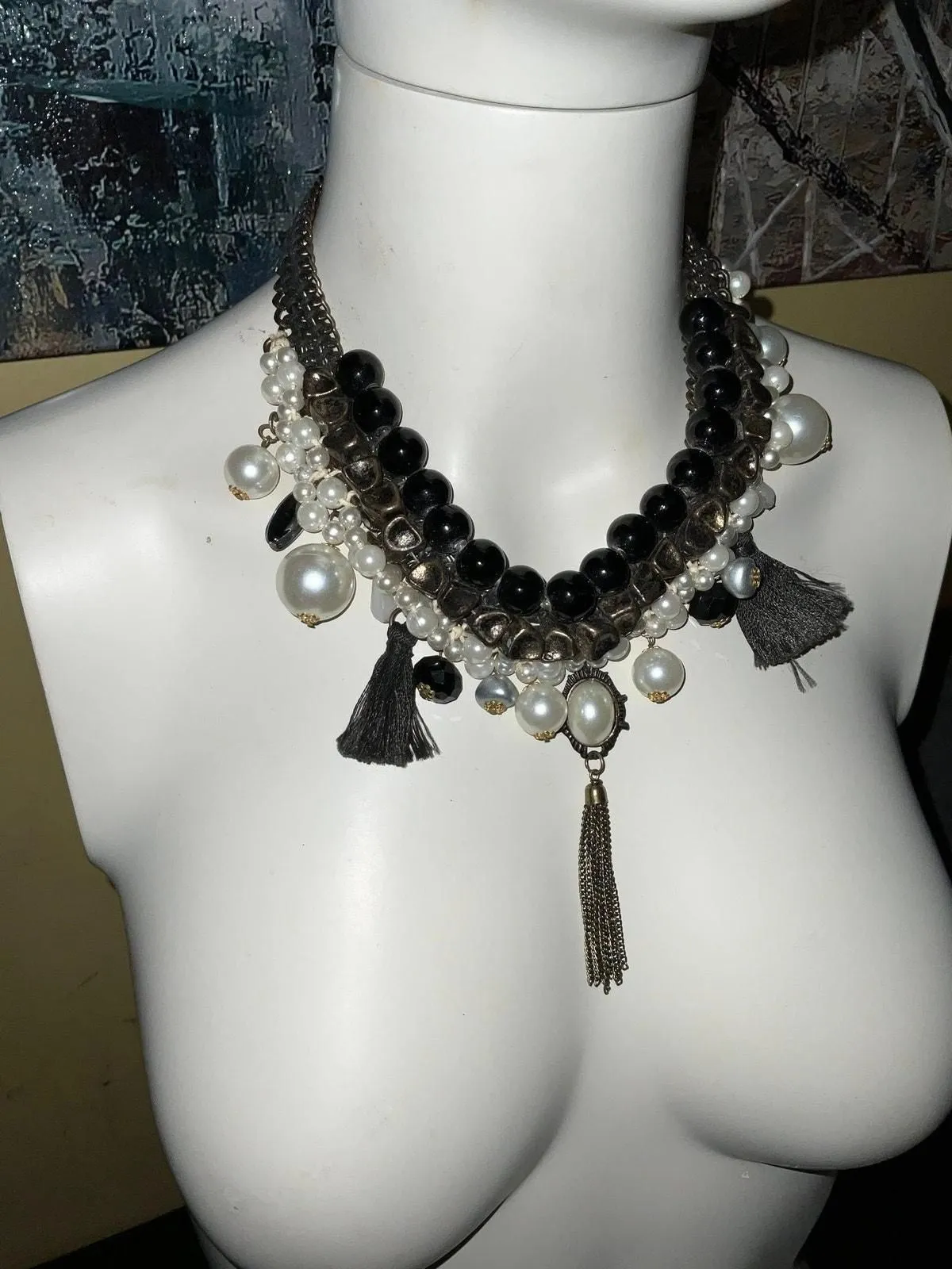 Product image for Iris Apfel & Bajalia Statement Necklace Brass Faux Pearl Onyx & Tassel - Necklace - new