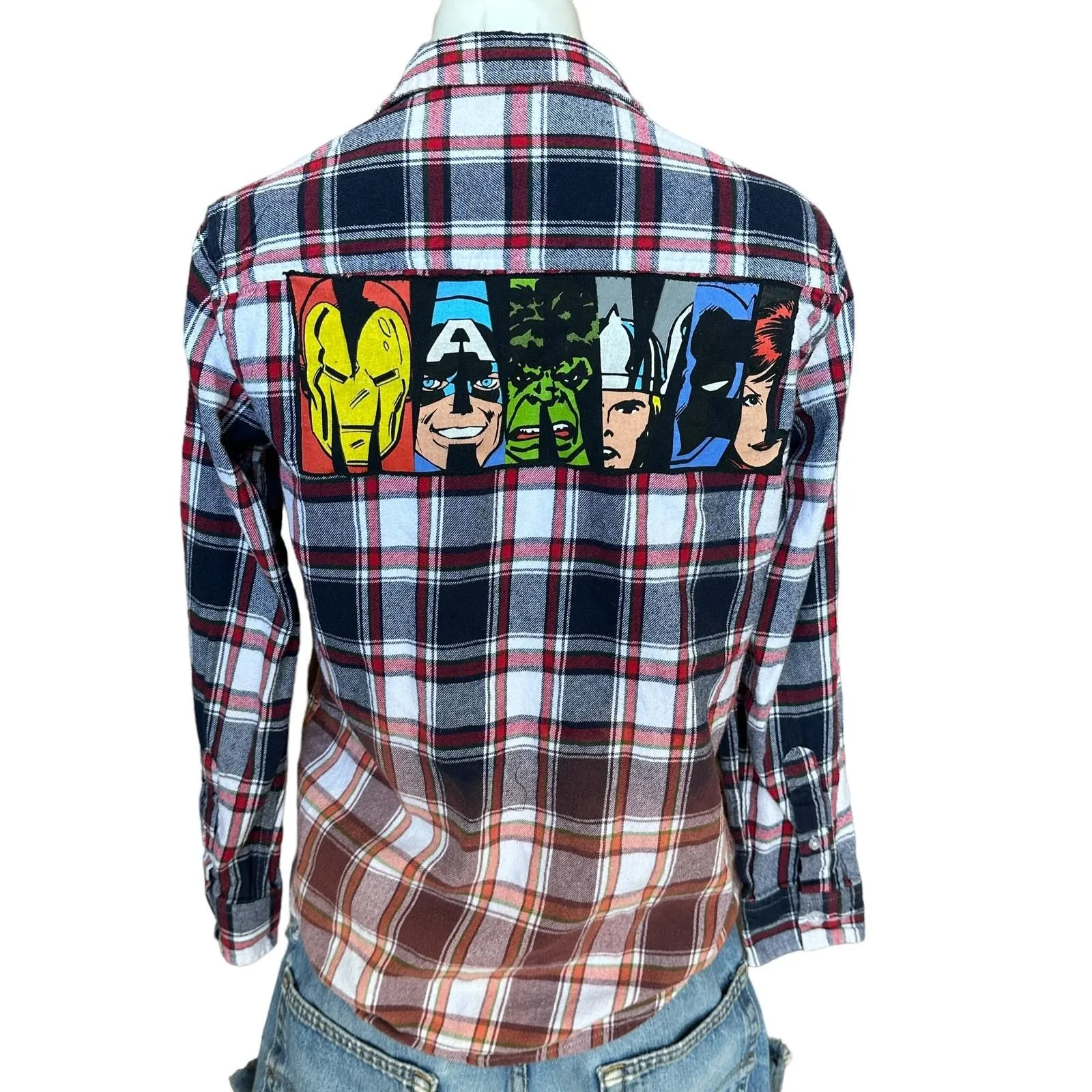 Product image for Avengers Plaid Flannel Shirt SMALL Oversize Shacket Upcycle Unique Marvel Blue - pre-owned---excellent - CheekyMontana