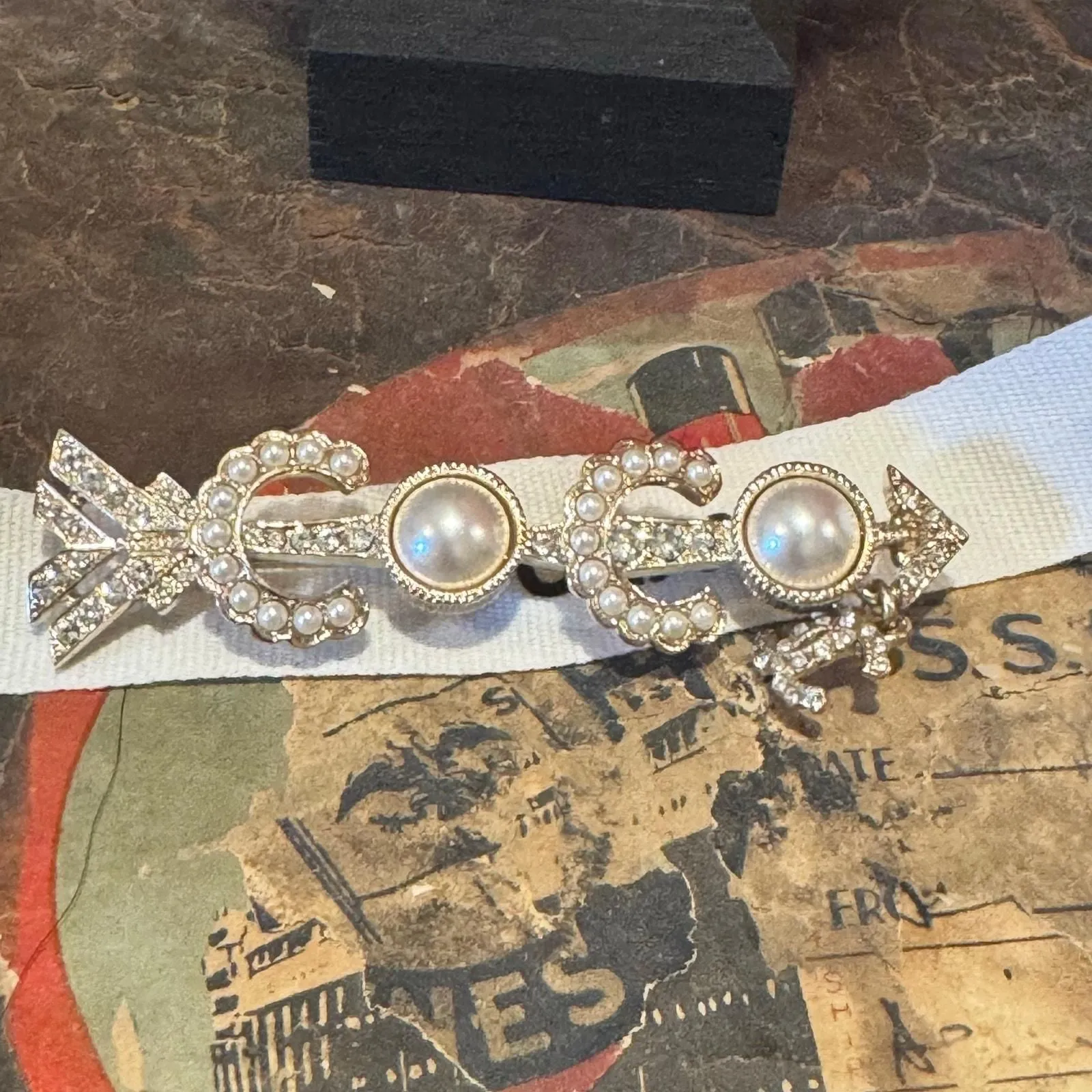 Product image for 45 Chanel Silver Toned Arrow Brooch with White Faux Pearls and Rhinestones