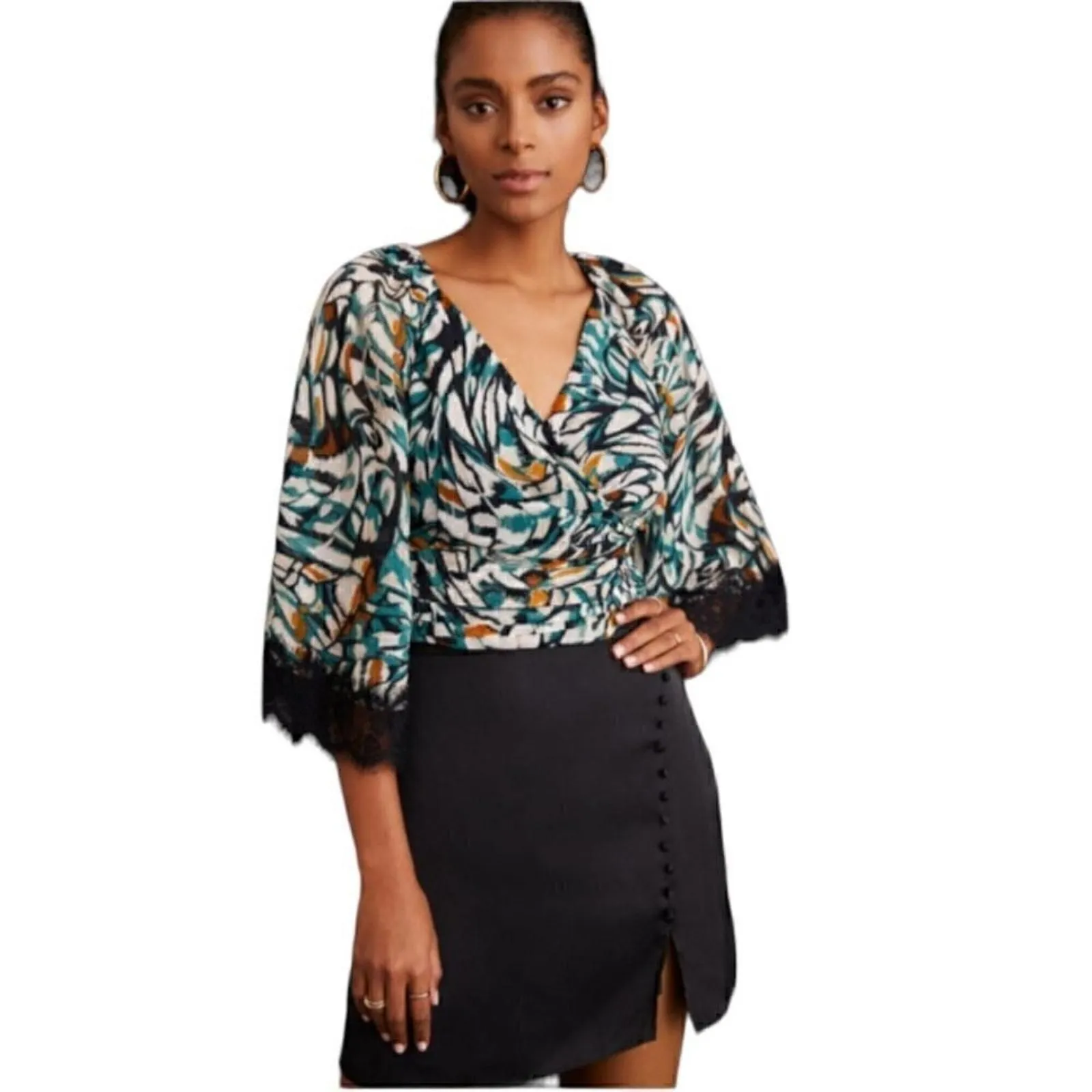 Product image for By Anthropologie Black Motif Lace Cuff Flutter Sleeve Wrap Top Size XXS - new-without-tags - Anthropologie