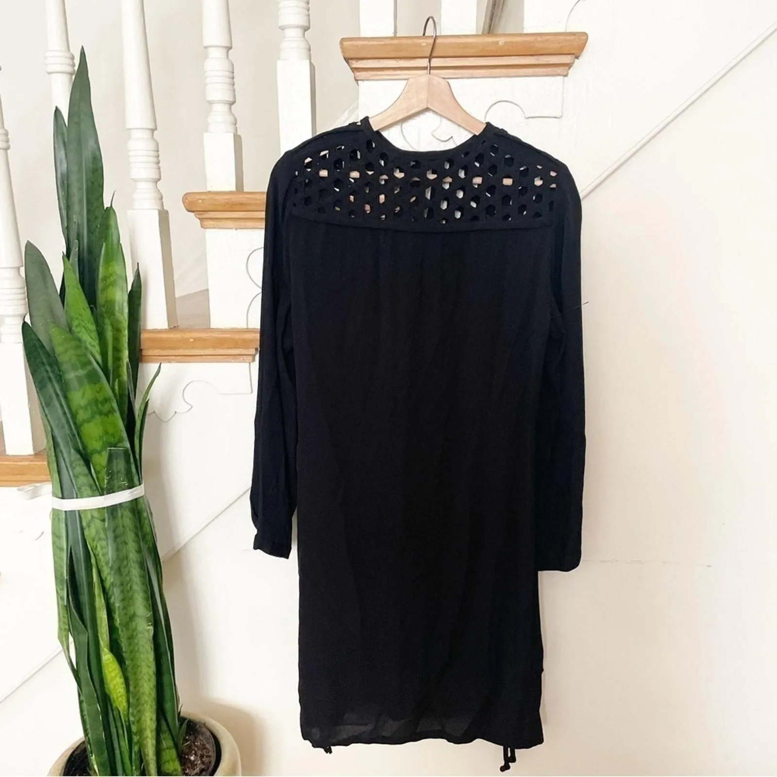 Product image for Diane Von Furstenberg Black Long Sleeve Eyelet Yoke Shift Dress Size 8 - new-without-tags - Diane Von Furstenberg