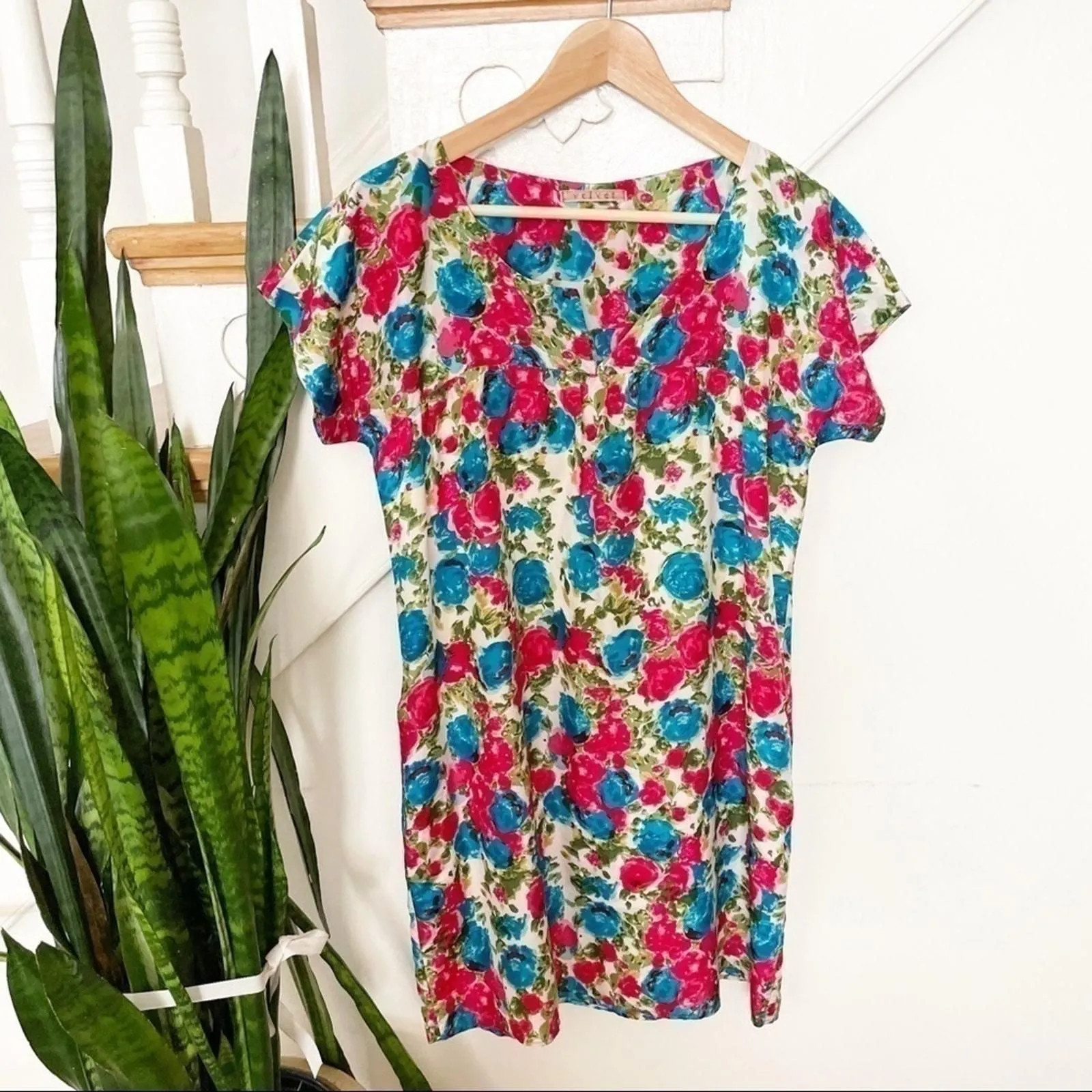 Product image for Velvet Pink & Blue Floral Silk Mini Dress  - new-without-tags - Velvet