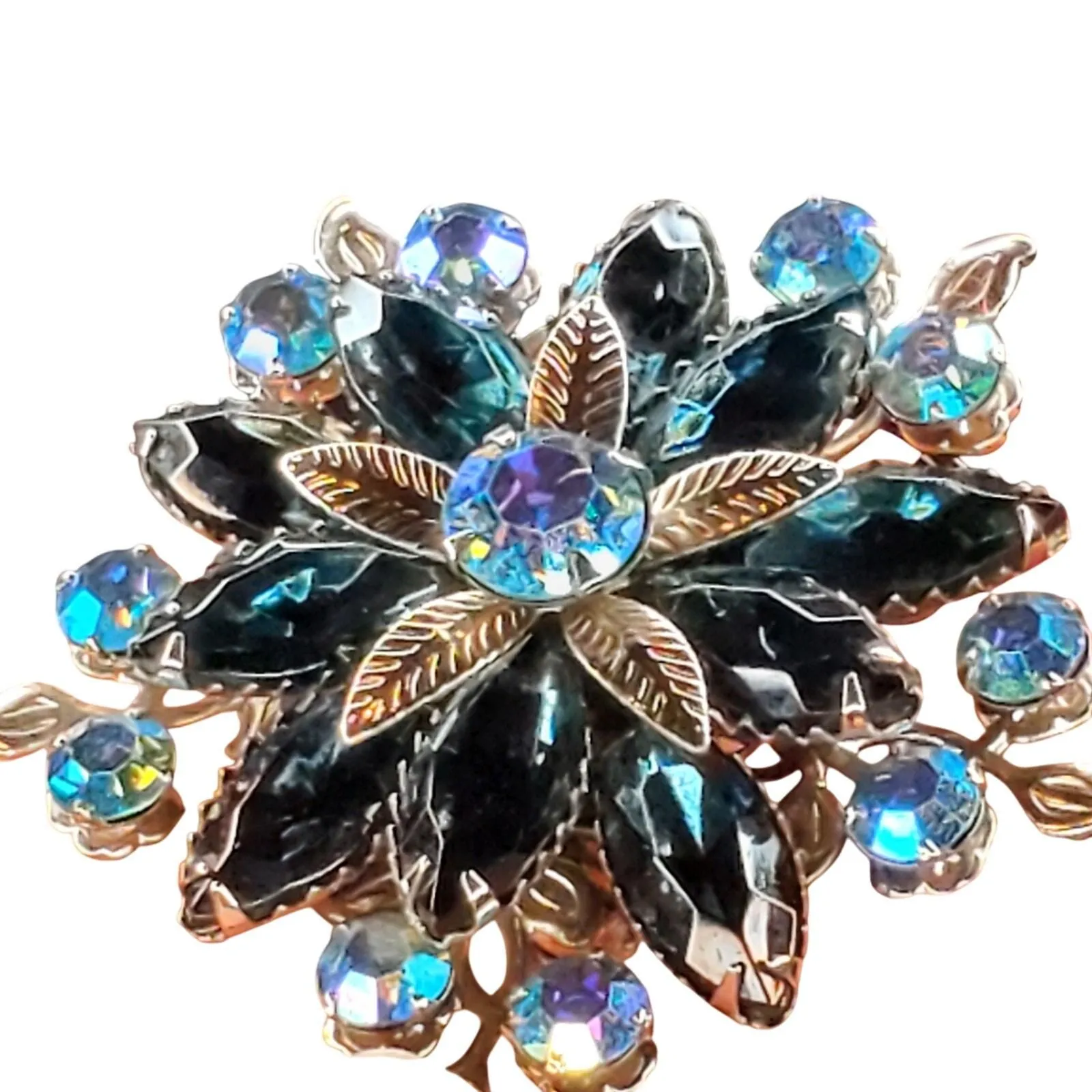 Product image for Floral Blue Rhinestone Aurora Borealis Crystal Brooch Silver Tone Rivets 2" Vtg - Brooch - pre-owned---excellent