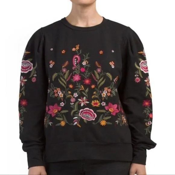 Product image for Anthro DREW Floral Embroidered Crew Neck Sweatshirt Size Small
