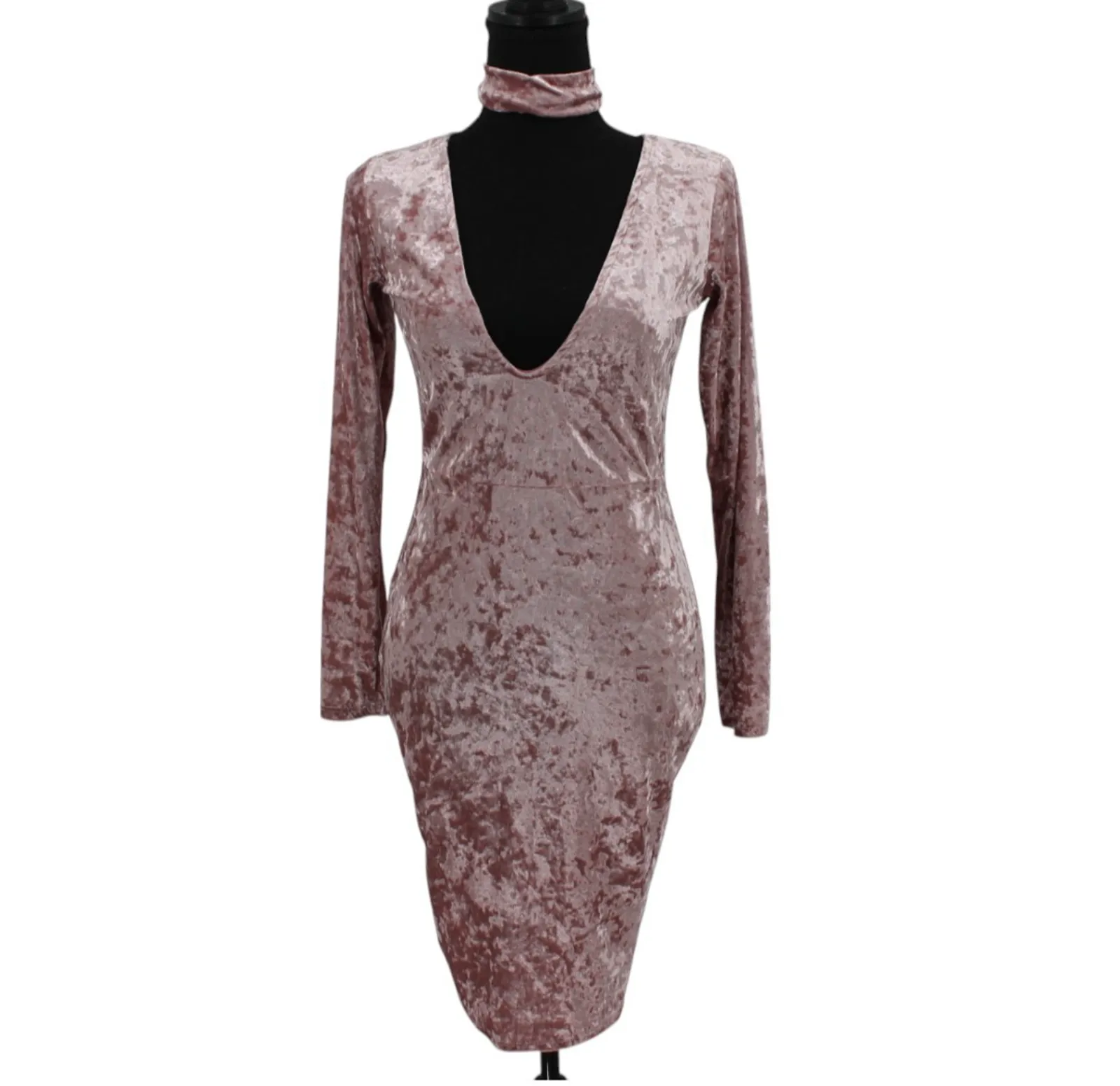 Product image for Crushed Velvet Midi Dress Deep V Choker Neck Bodycon Powder Pink Clubbing Size M - Auditions