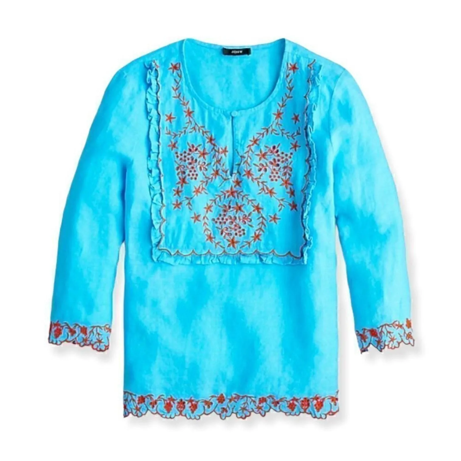 Product image for J.Crew Turquoise & Red Embroidered Linen Tunic Size XS - new-with-tags - J. Crew
