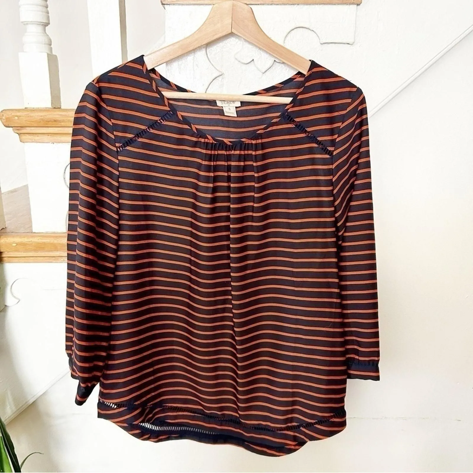 Product image for J.Crew Factory Blue Orange Stripe 3/4 Sleeve Round Neck Pullover Top Size S - new-without-tags - J. Crew Factory
