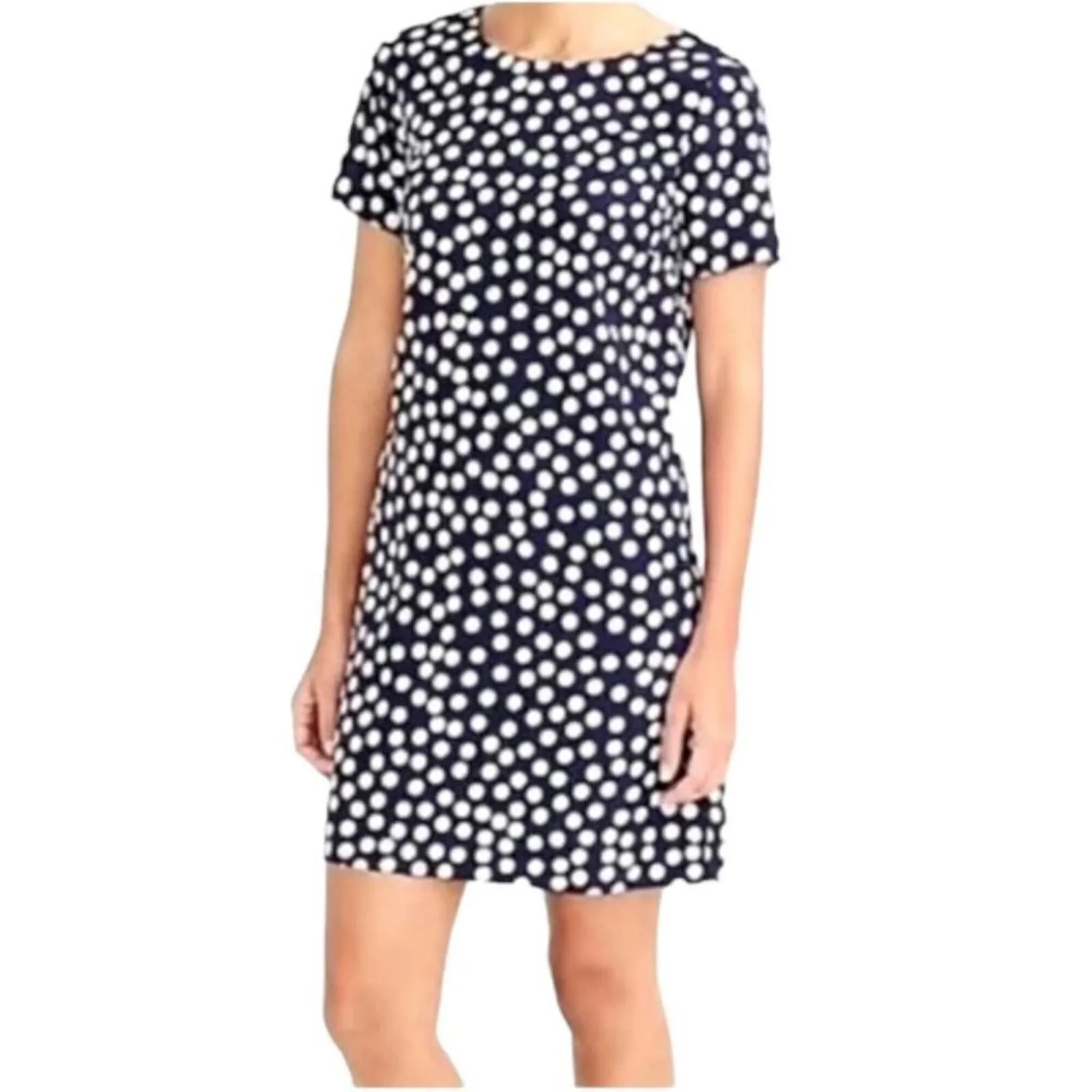 Product image for J.Crew Factory Navy White Polka-Dot Short Sleeve Round Neck Shift Dress Size 6 - new-without-tags - J. Crew Factory