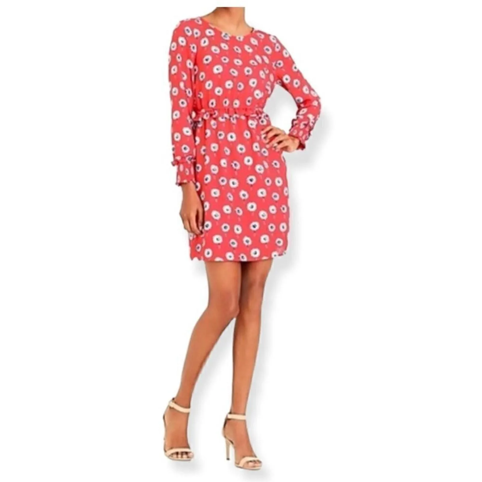 Product image for J.Crew Red & White Floral Print Long Sleeve Ruffle Waist Sheath Dress Size 2 - new-without-tags - J. Crew Factory