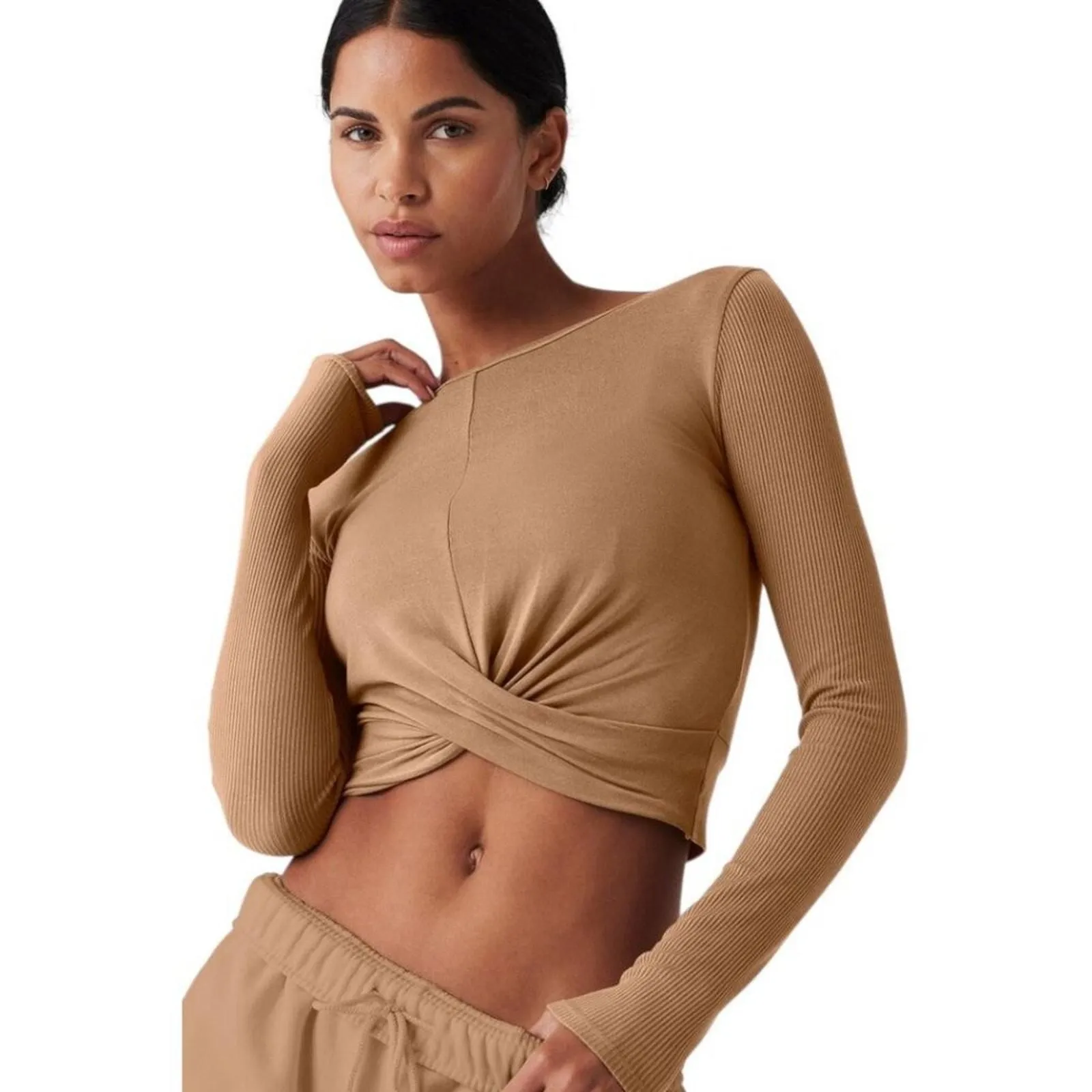 Product image for Alo Yoga Cover Long Sleeve Top Tan Twist Front Ribbed Cropped Activewear Size XS - new-without-tags - ALO Yoga