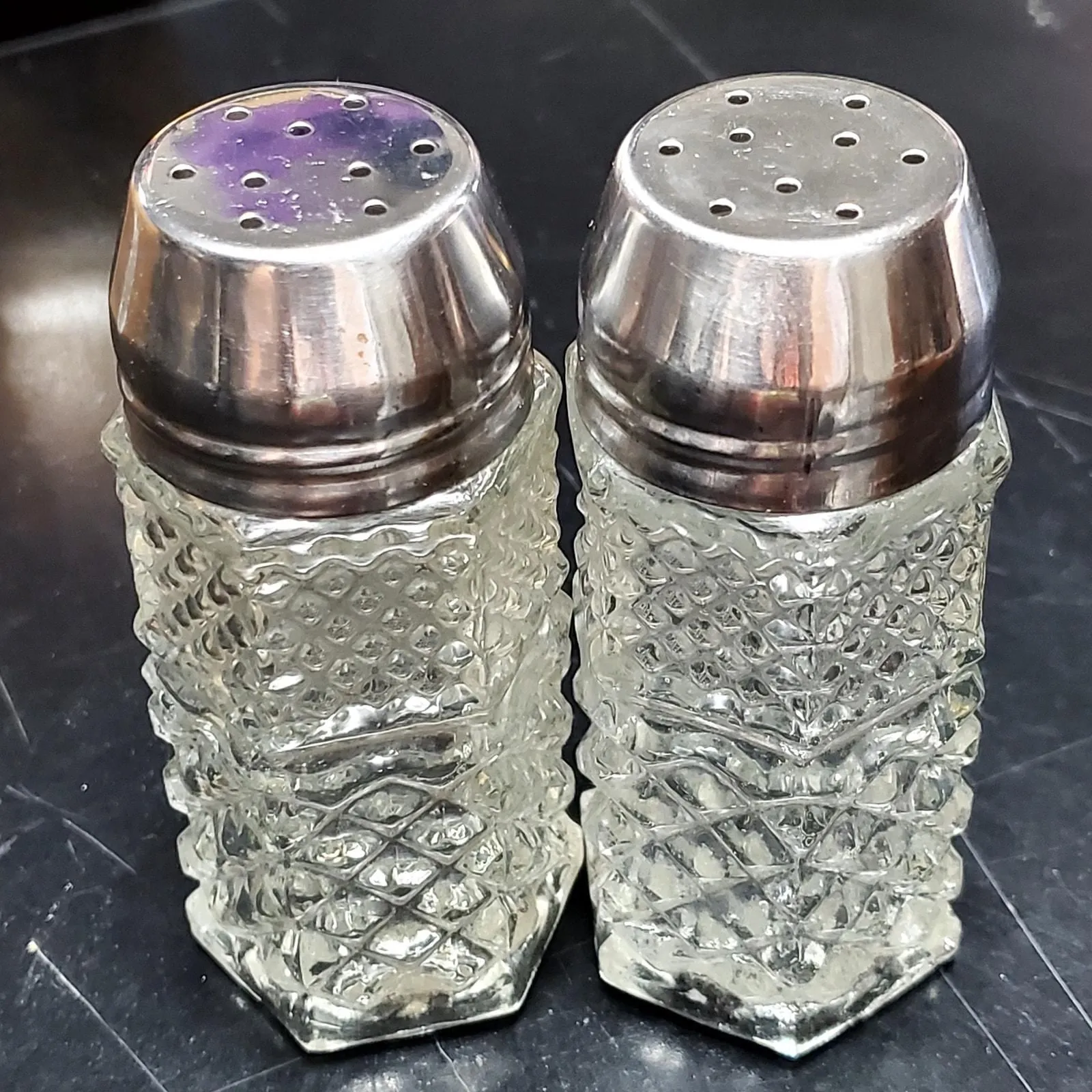Product image for Anchor Hocking Wexford Salt & Pepper Shakers Vtg Diamond Point Clear Glass 8" - pre-owned---good