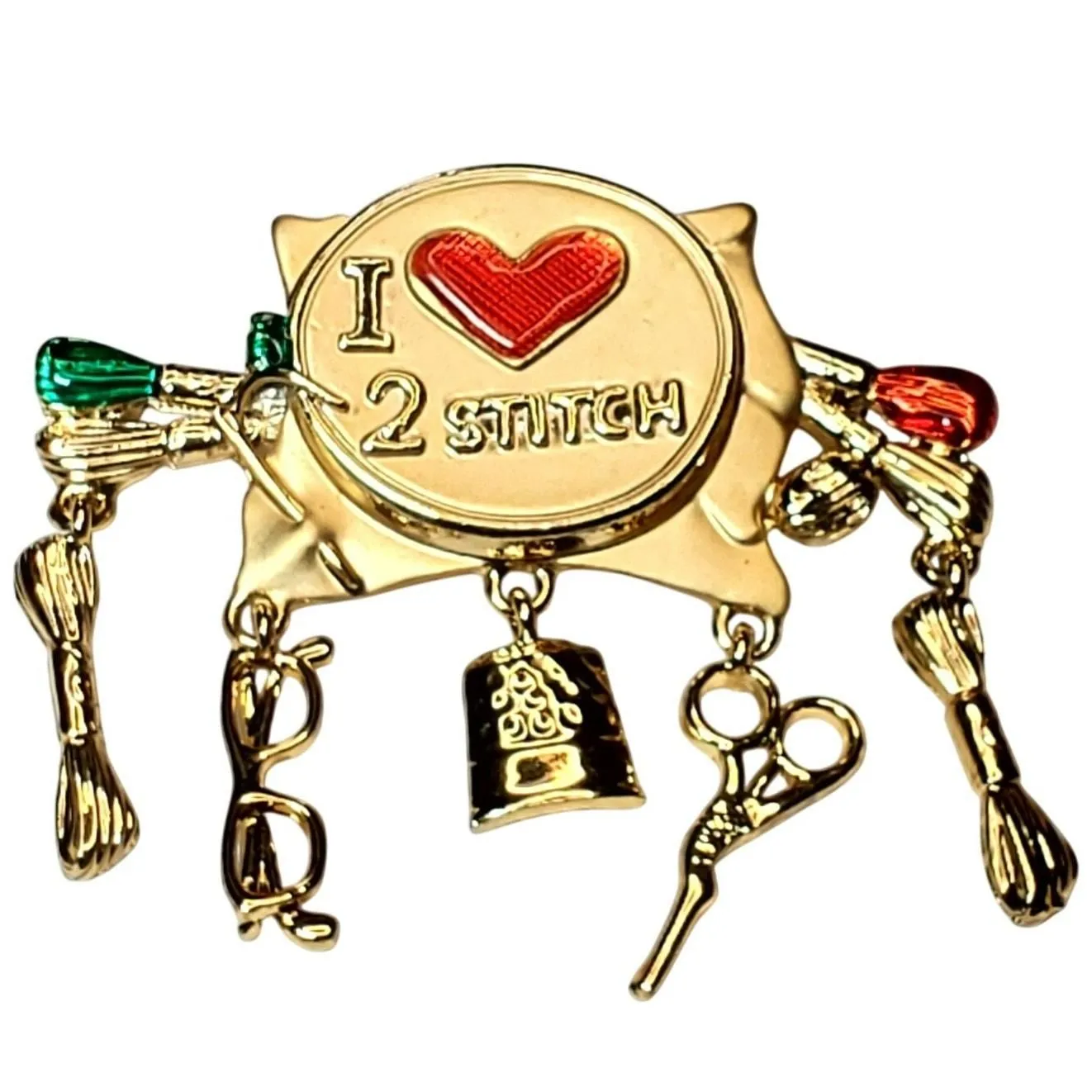Product image for Danecraft I Love 2 Stitch Brooch Enamel Heart Dangle Charm Gold Tone 3" - Brooch - pre-owned---excellent