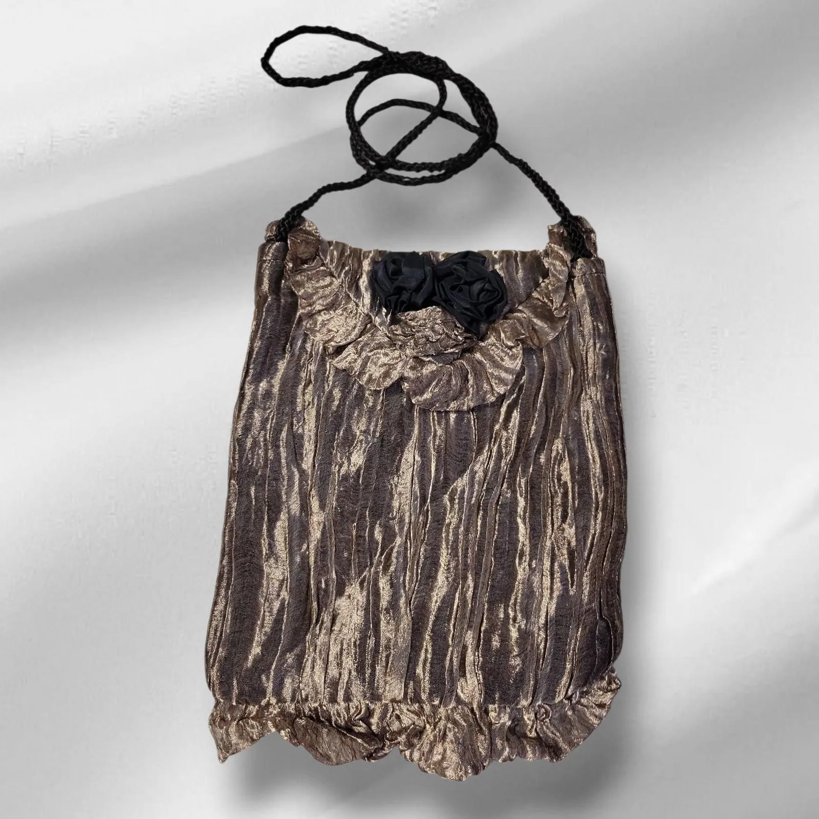 Product image for Crinkled Taffeta Bag Bronze Black Whimsigoth Rosette Crossbody Glam Fairy Goth