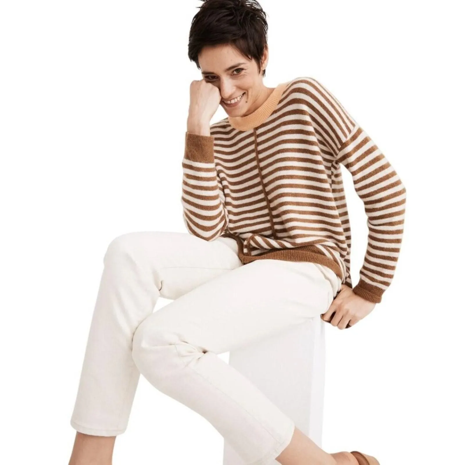 Product image for Madewell Stripe Play Smithe Pullover Sweater Brown Cream Long Sleeves Size M - new-without-tags - Madewell