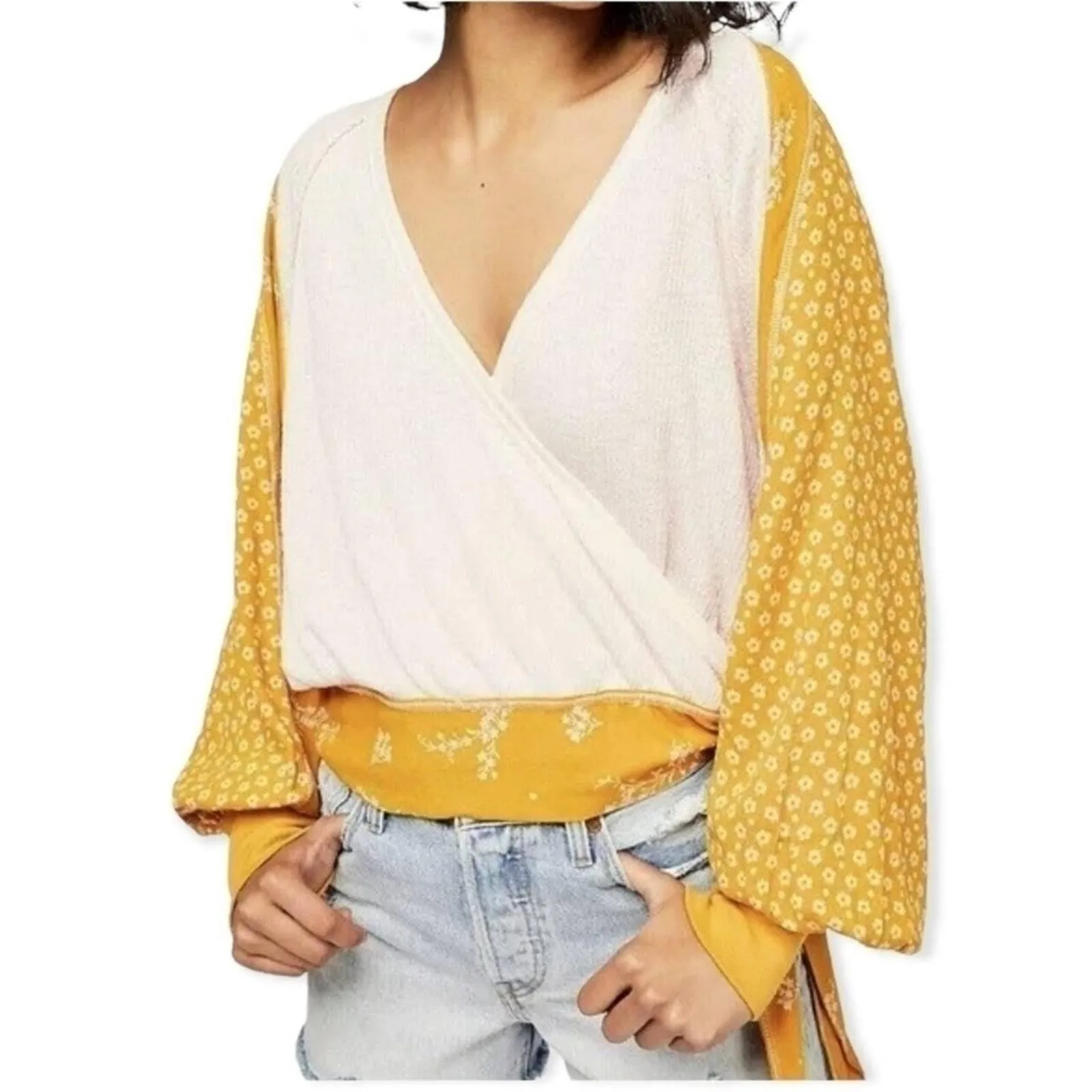 Product image for Free People Auxton Balloon Sleeve Surplice Neckline Yellow & Blush Blouse Sz XS - new-without-tags - Free People