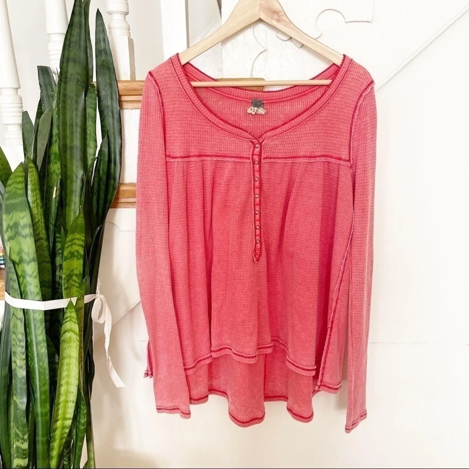 Product image for Free People We the Free Kai Henley Thermal Long Sleeve Top in Red Size X-Small - new-without-tags - Free People