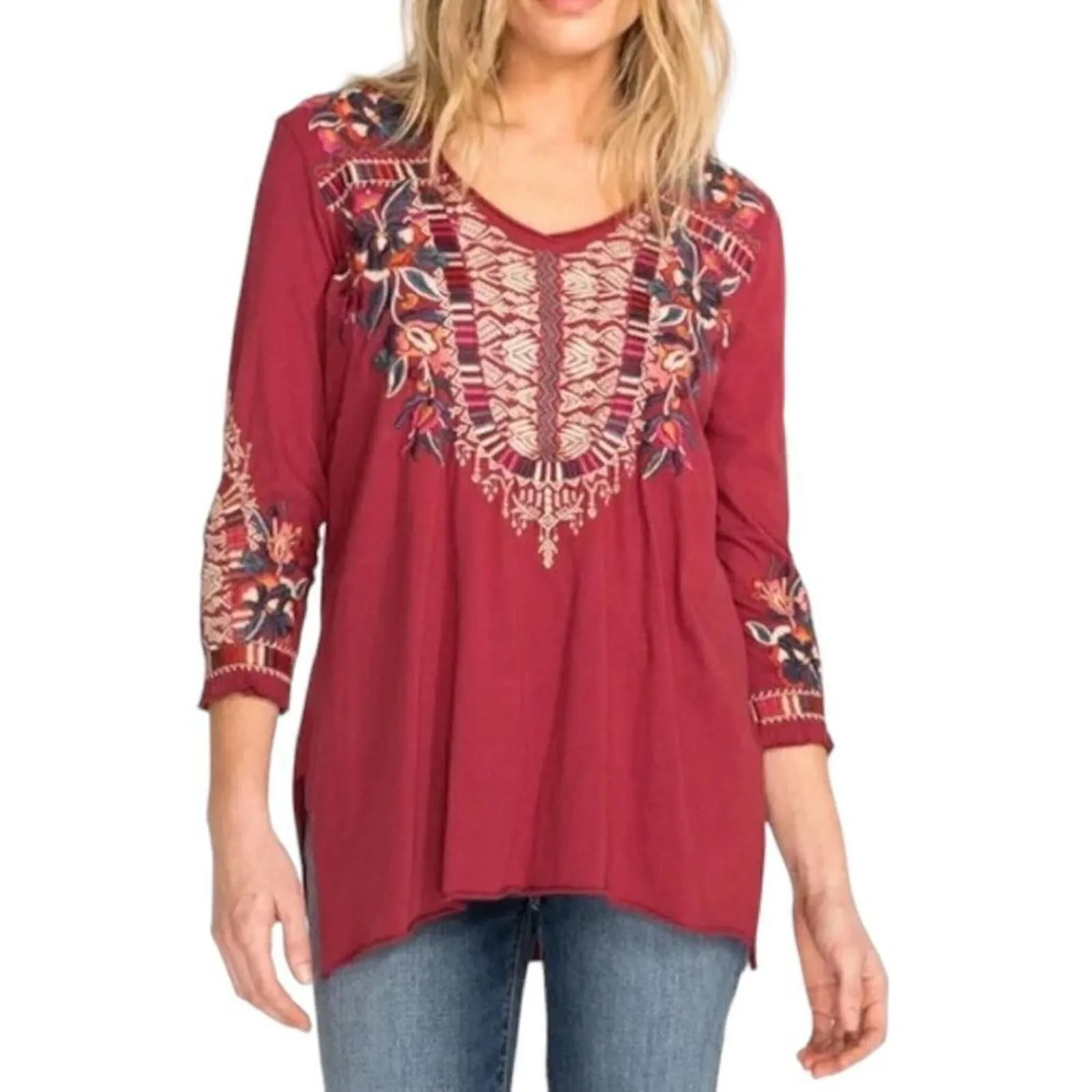 Product image for JJohnny Was Claude Womens Floral Embroidered 3/4 Sleeve High Low Hem Tunic Top XS - new-without-tags - Johnny Was