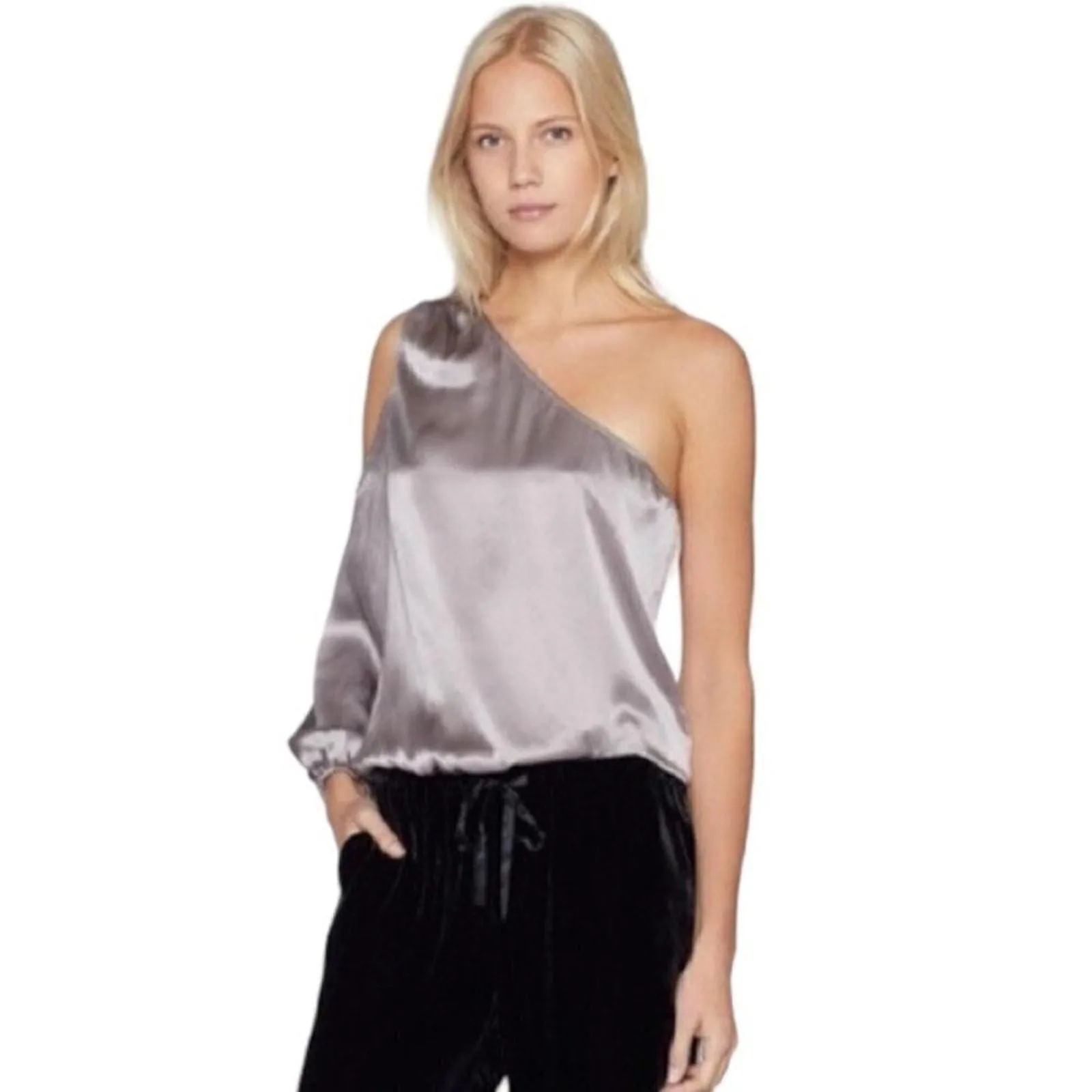 Product image for Joie Silver One Shoulder Cinched Hem Cut Out Silk Blouse Abatha Top Size Medium - new-without-tags - Joie