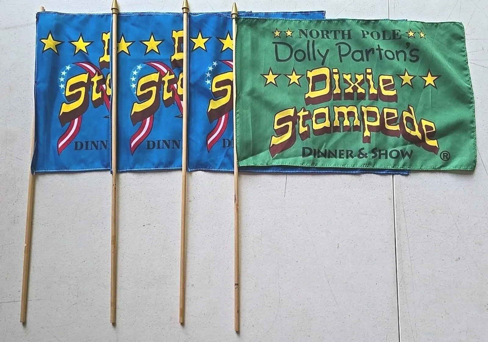 Product image for Dolly Parton's Dixie Stampede Dinner Show Attraction Blue Flag 17"x 12" LOT OF 4
