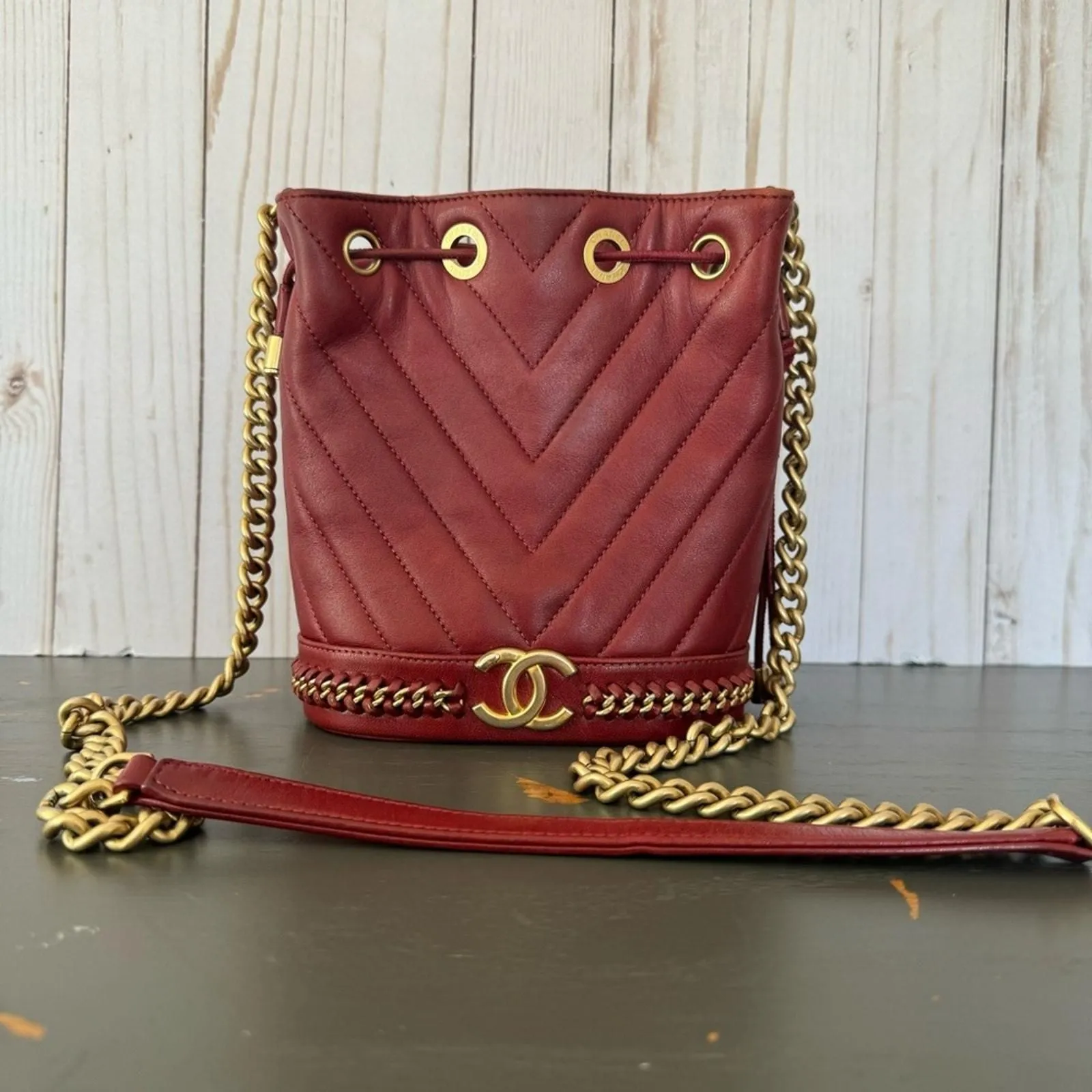 Product image for 201 Chanel Chevron Red Leather Bucket Bag with Gold Accents