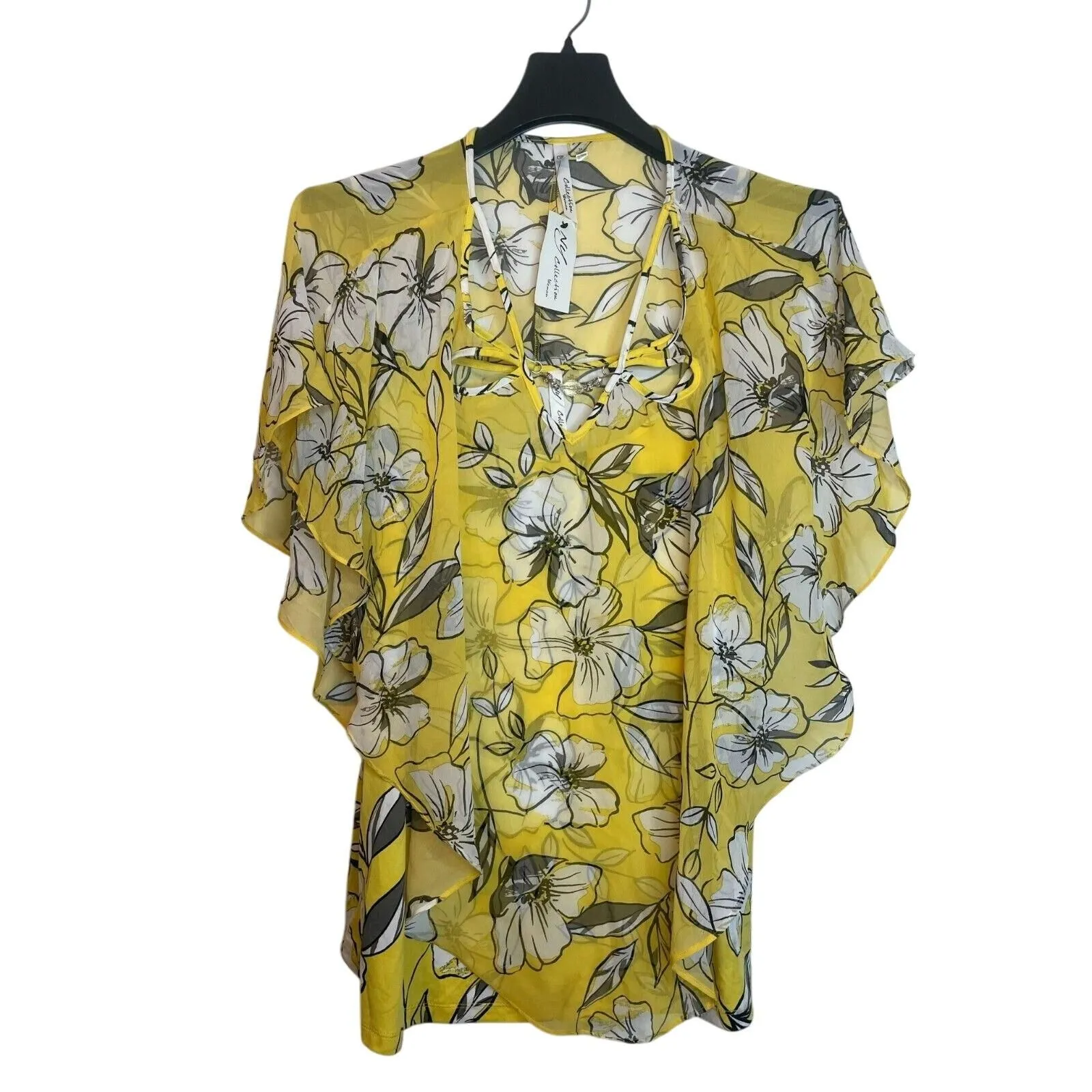 Product image for NY Collection Womens Floral Print Ruffle V-Neck Sheer Tank Dress Size 3X Yellow - new-with-tags - NY Collection